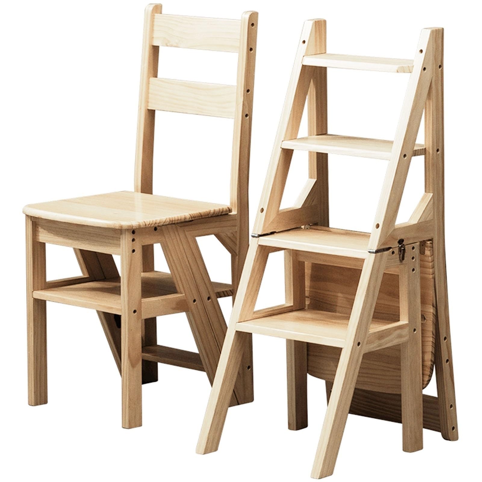 4 Tier Folding Ladder, Convertible Wooden Ladder and Library Seat, 2 in 1 Folding, Multi-Function for Home, Kitchen, Office, Living Room (Wood, 39 x 46 x 90 cm)
