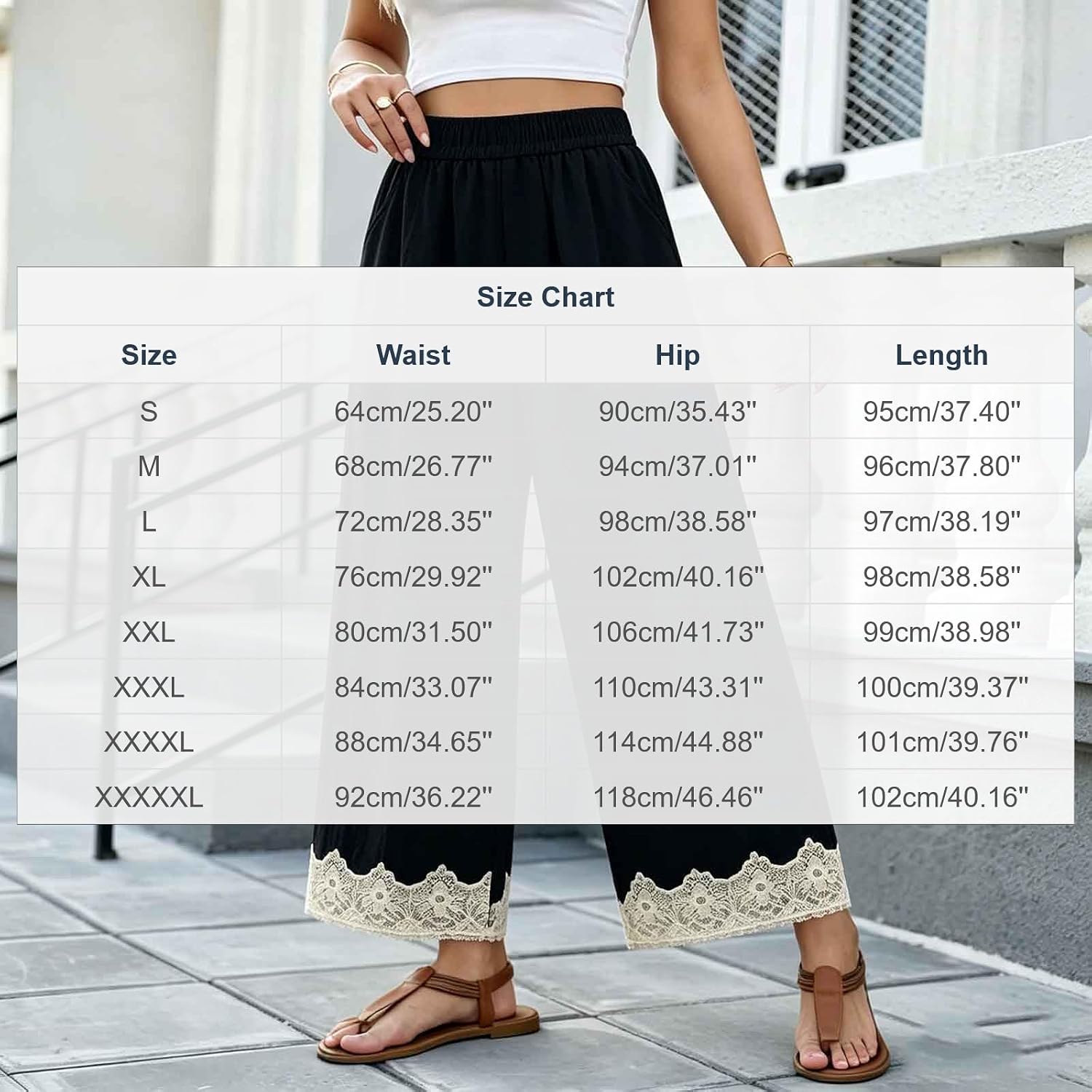 Womens Casual Pants Wide Leg High Waisted Trousers Plus Size Lace Hem Lightweight Pant with Pockets Lightweight
