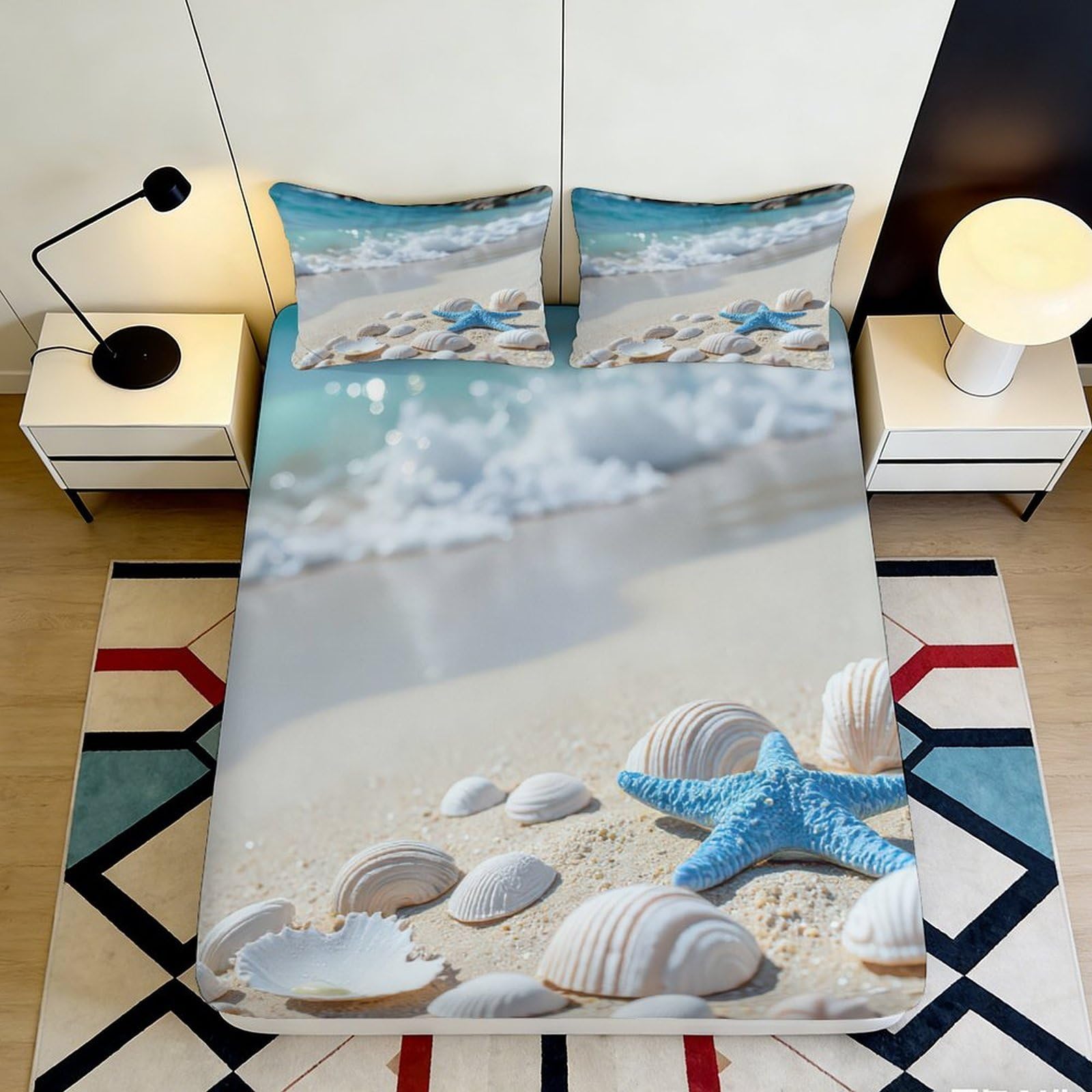 3D Printed Beach Seashell Fitted Sheet Microfiber Soft Sand Starfish Mattress Cover Anti-slip Machine Washable Bedroom Decor 120x200x25cm