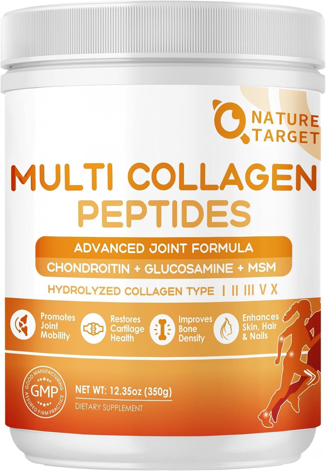 NATURE TARGET Multi-Collagen-Peptides-Powder for Joint Support, Hydrolyzed Collagen for Women Men with MSM + GC, Type I II III V X Collagen for Skin Hair & Nail, Non-GMO, 35 Servings