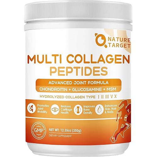 NATURE TARGET Multi-Collagen-Peptides-Powder for Joint Support, Hydrolyzed Collagen for Women Men with MSM + GC, Type I II III V X Collagen for Skin Hair & Nail, Non-GMO, 35 Servings