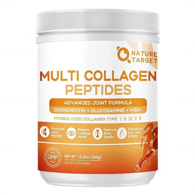 NATURE TARGET Multi-Collagen-Peptides-Powder for Joint Support Hydrolyzed Collagen for Women Men with MSM GC Type I II III