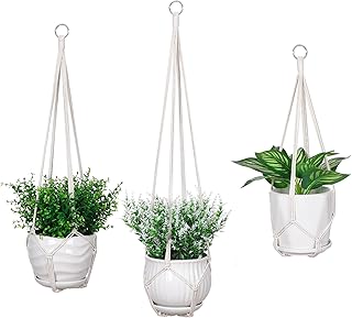 YIBOT 3 Pack Macrame Plant Hanger Indoor Hanging Planter Basket with Wood Beads Decorative Flower Pot Holder No Tassels for Indoor Outdoor Boho Home Decor (Cotton, lIvory)