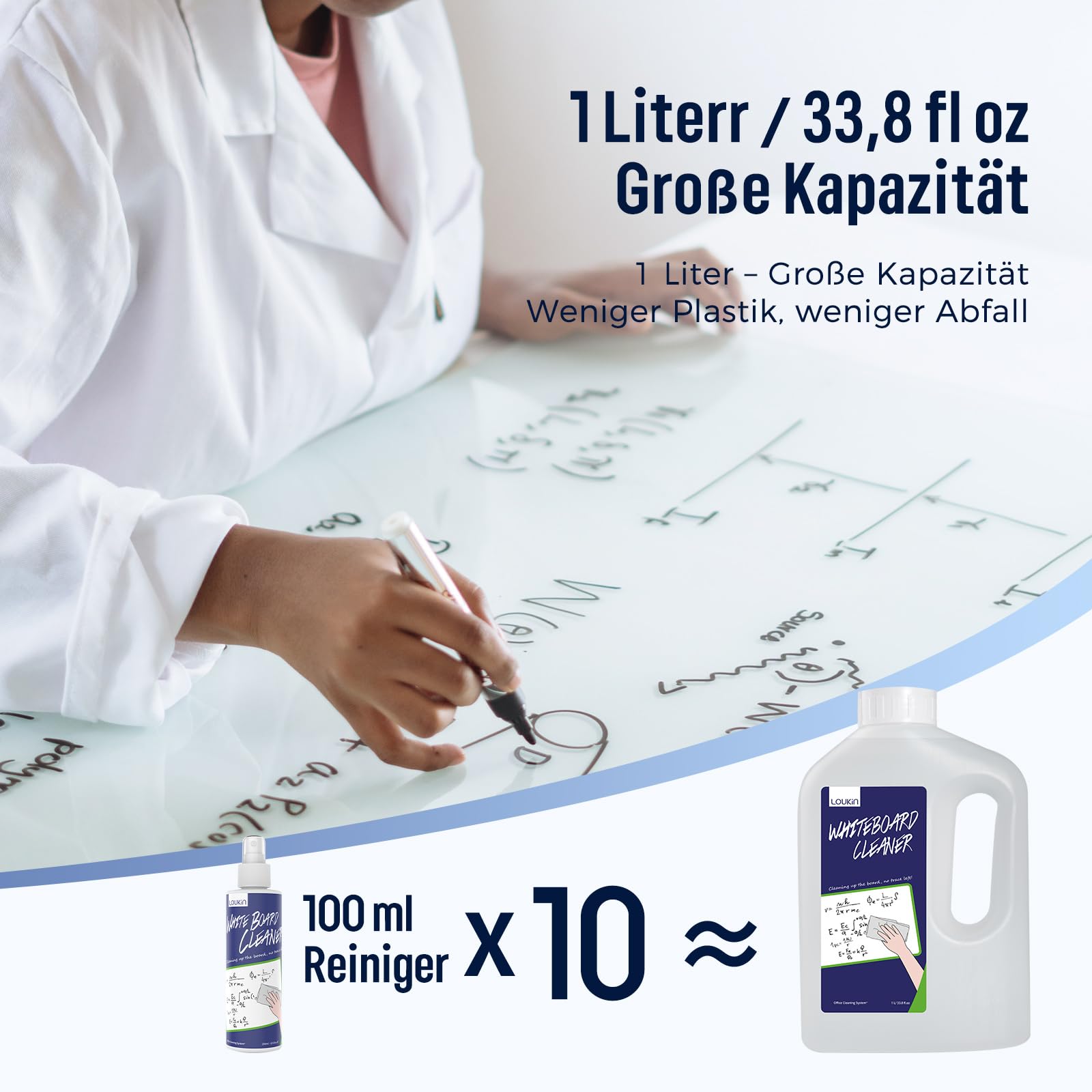 loukin Whiteboard-Reiniger 1 L Nachfüllflasche, mit faltbarem Silikontrichter, Trocken abwischbares Reinigungsspray, entfernt hartnäckige Flecken, ungiftig und geruchsarm
