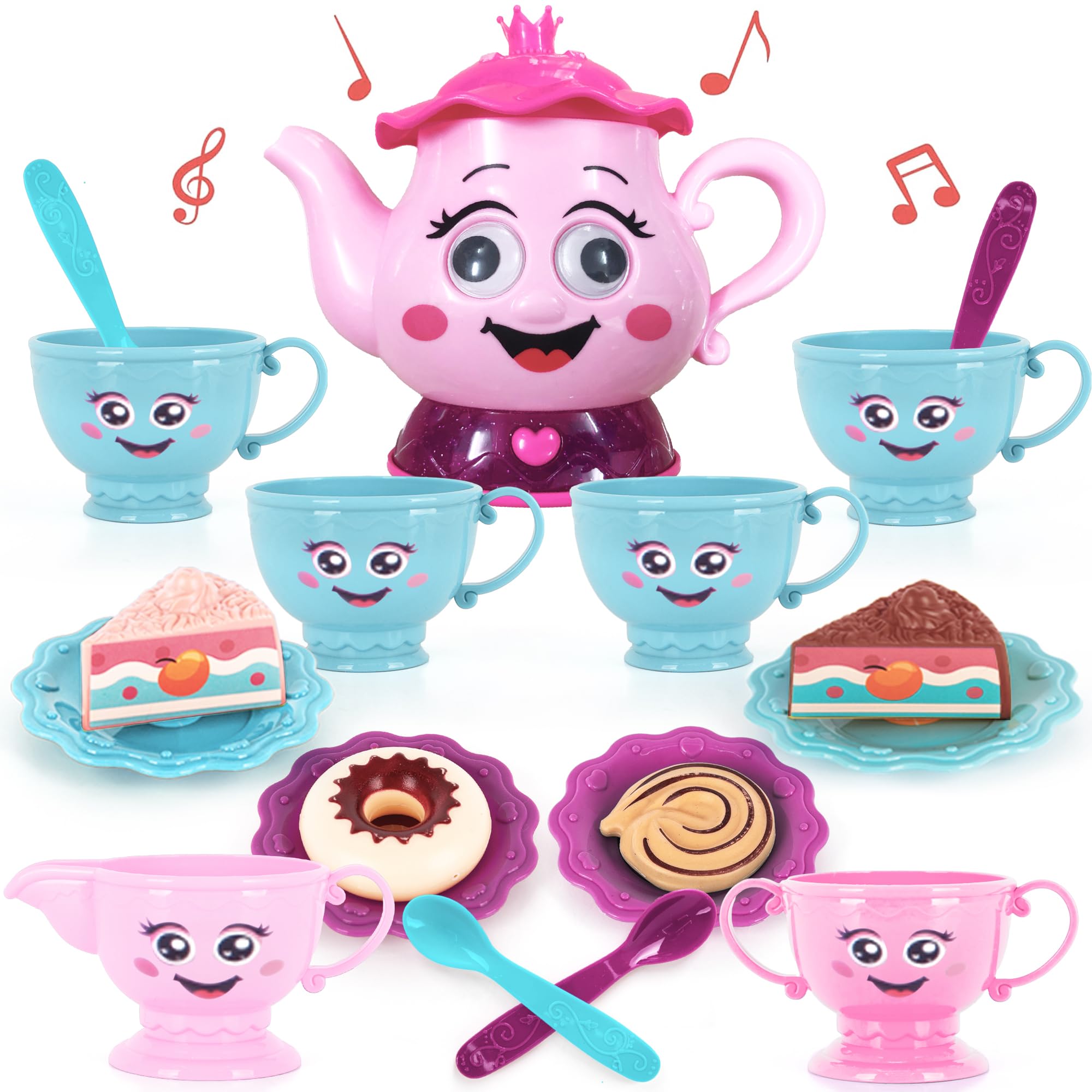 ArtCreativity Musical Tea Set for Girls - 19-Piece Girls Tea Party Set -Toddler Tea Set with Motion-Activated Pouring Sound, Music, and Flashing Lights for Kids Ages 3 4 5 6