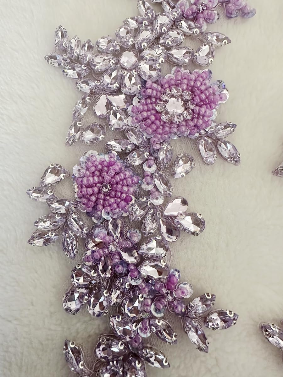 1 Pair/Set Rhinestones Lace Applique Accessories Handsewing Beads Sequins Stones Trim Patches for DIY Girl Wedding Dress Decorations (Light Purple)