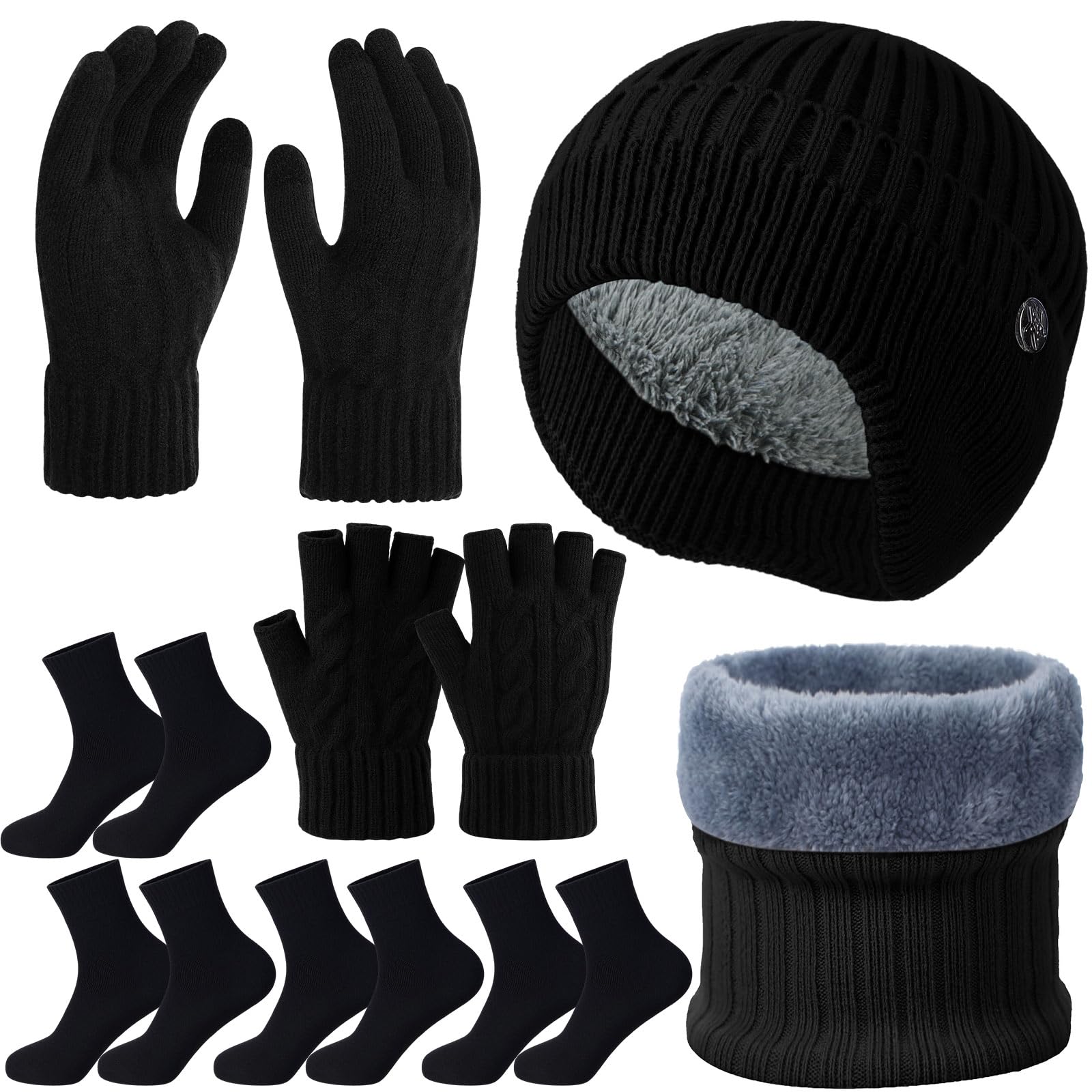8 Pcs Winter Warm Beanie Hat Scarf Glove Socks Set for Men Fleece Lining Thermal Knitted Earflap Cap Gift Outdoor-image-48