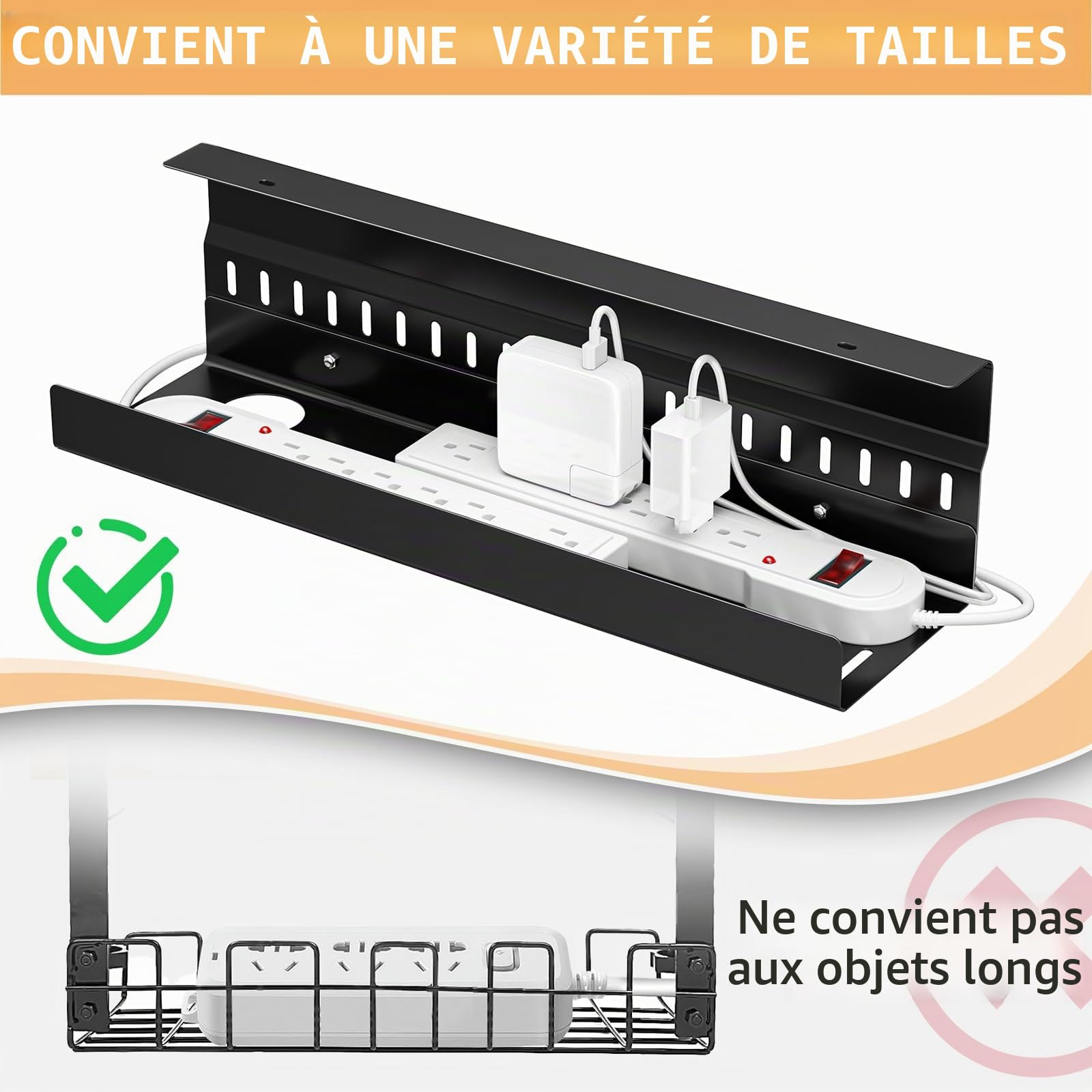 Plateau de Gestion de câbles sous la Table, Chemin de Cable Management Bureau, Rangement Cable Bureau, Support multiprise sous Bureau, Chemin de Cable Bureau, Noir