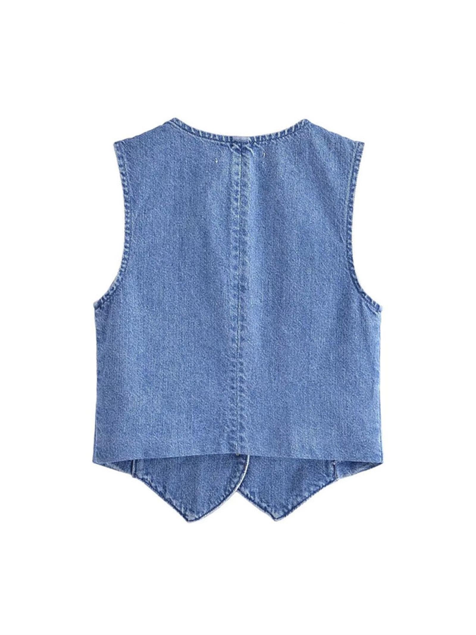 TRAF damska modna kamizelka dżinsowa z przodu na guziki vintage dekolt w serek bez rękawów damska odzież wierzchnia eleganckie topy