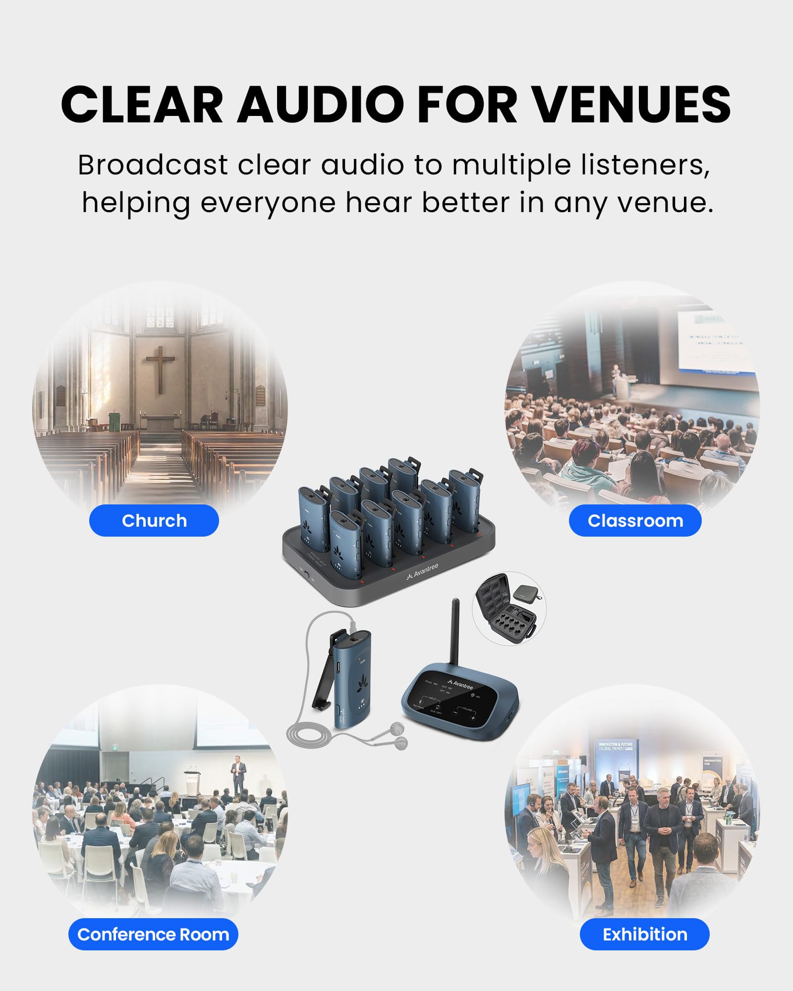 Avantree AuraPlex MX – Sistema de Audio Auracast para Iglesias, Compatible con Dispositivos Auracast, 1 transmisor y 10 receptores, Ampliable, Alcance de 100m para aulas y Eventos