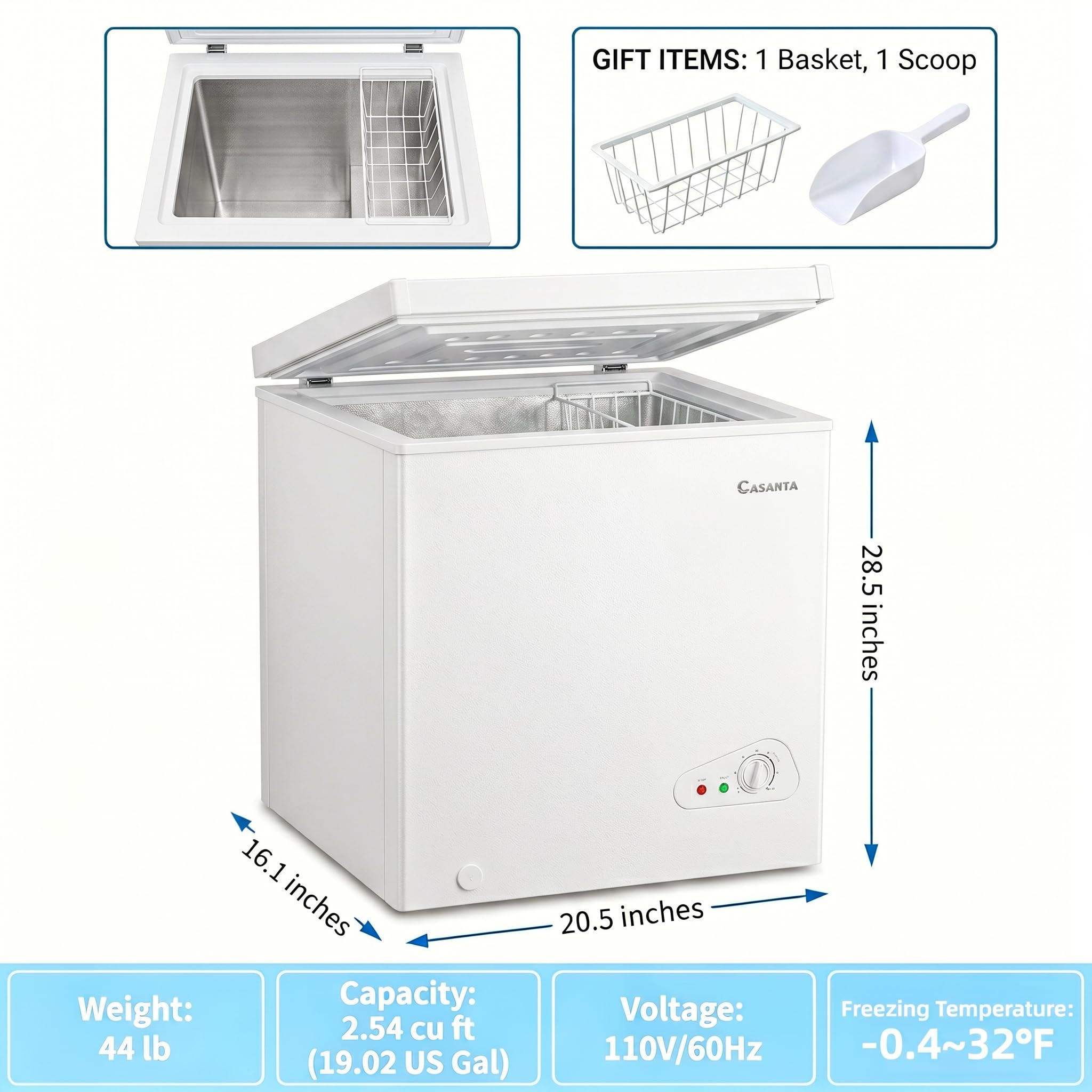Casanta 2.54 Cu.Ft Compact Chest Freezer, Convertible Mini Deep Freezer And Refrigerator With Removable Basket, Small Freestanding Top Door Ice Box For Home, Garage, Apartment, Office, Glacier White on Fridge.com - View 2