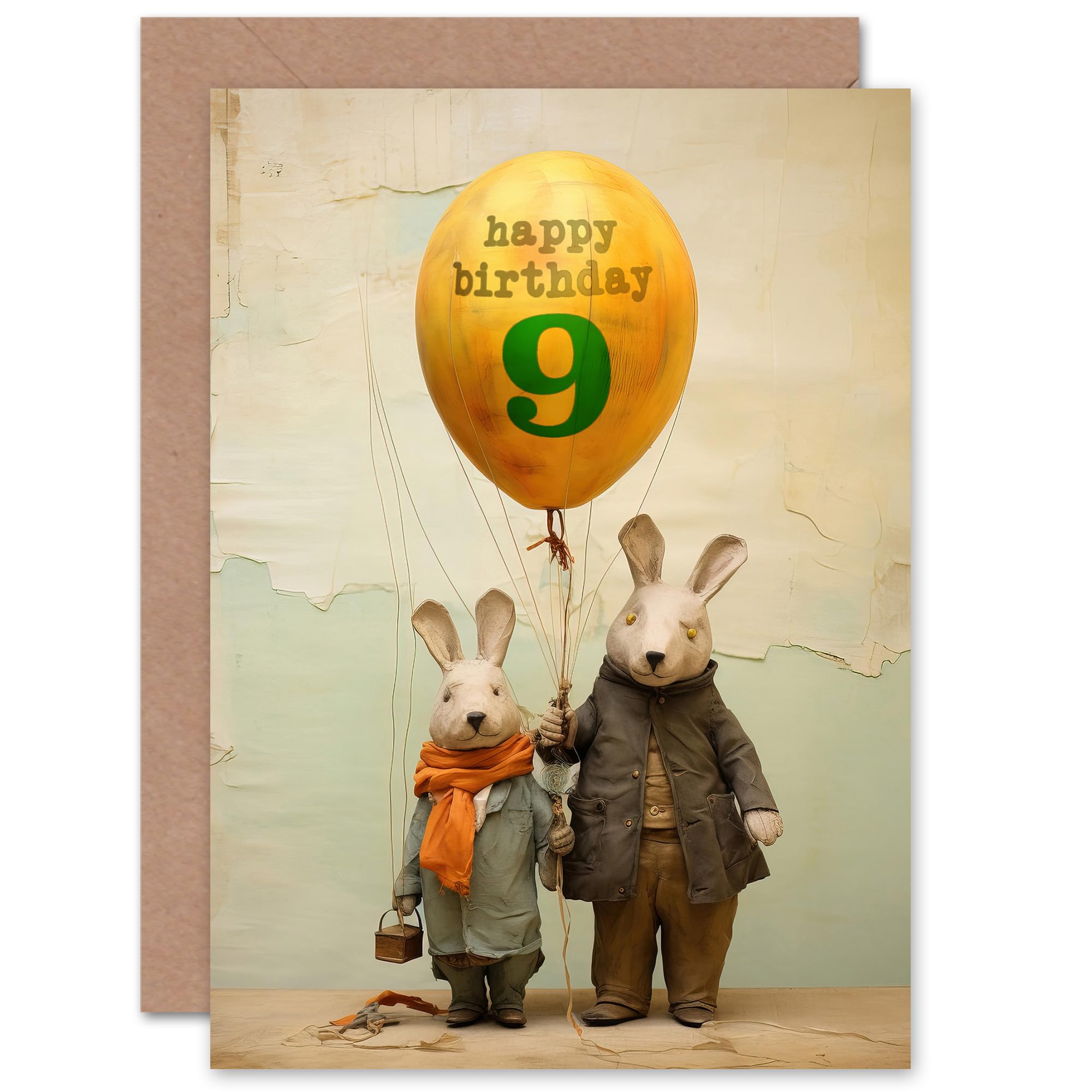 Artery8 Kids Birthday Age 9 Cute Bunny Rabbits Balloon For Child Son Daughter Blank Inside Greeting Card