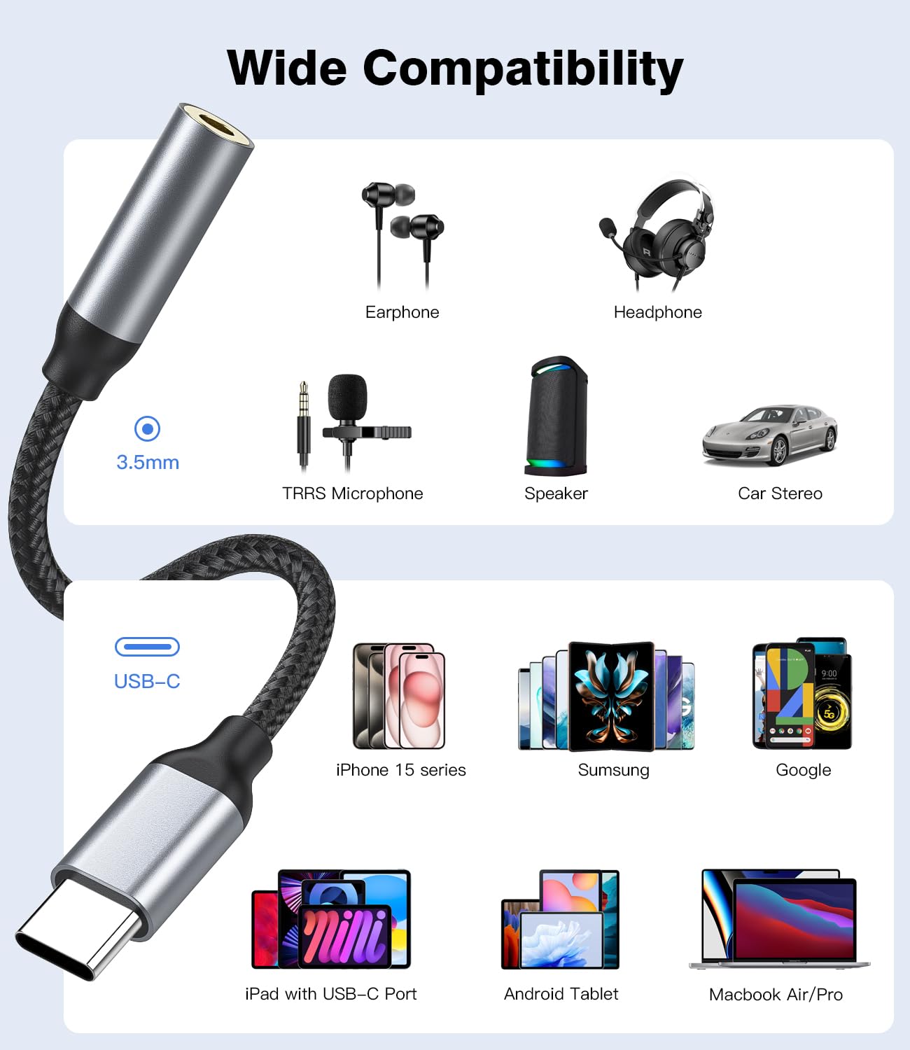 YLLZI Adattatore USB C a Jack 3.5 mm, Adattatore USB C per iPhone 16 15 Pro Max Plus, tipo C a audio Aux per Samsung Galaxy S24 S23 Ultra Note 20, per Huawei P50 P40/Mate 30 20, Pixel 4/3, per Xiaomi