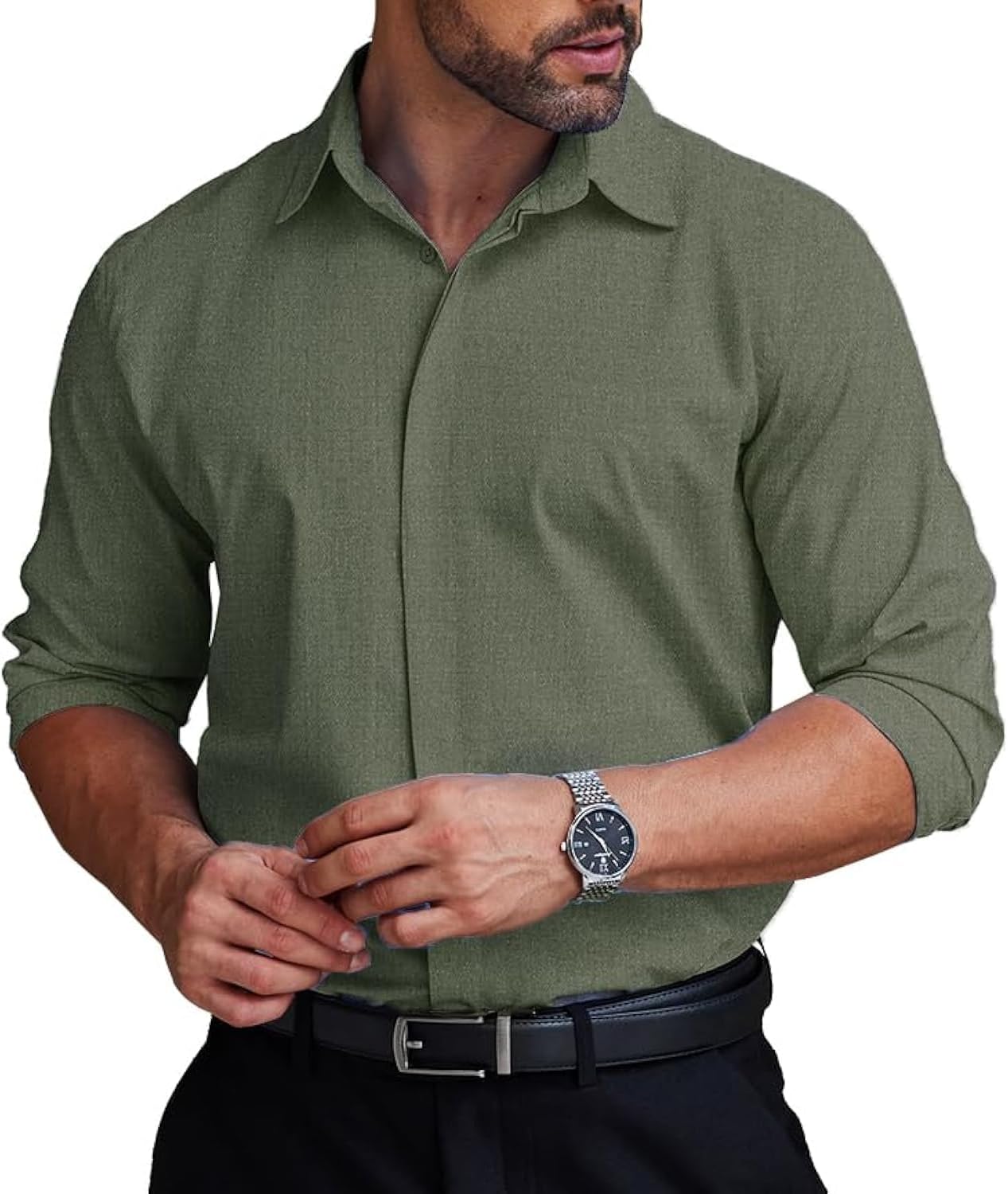 COOFANDY Men's Formal Dress Shirt Hidden Button Front Wrinkle Free Shirt Regular Fit Stretch Business Casual Shirts