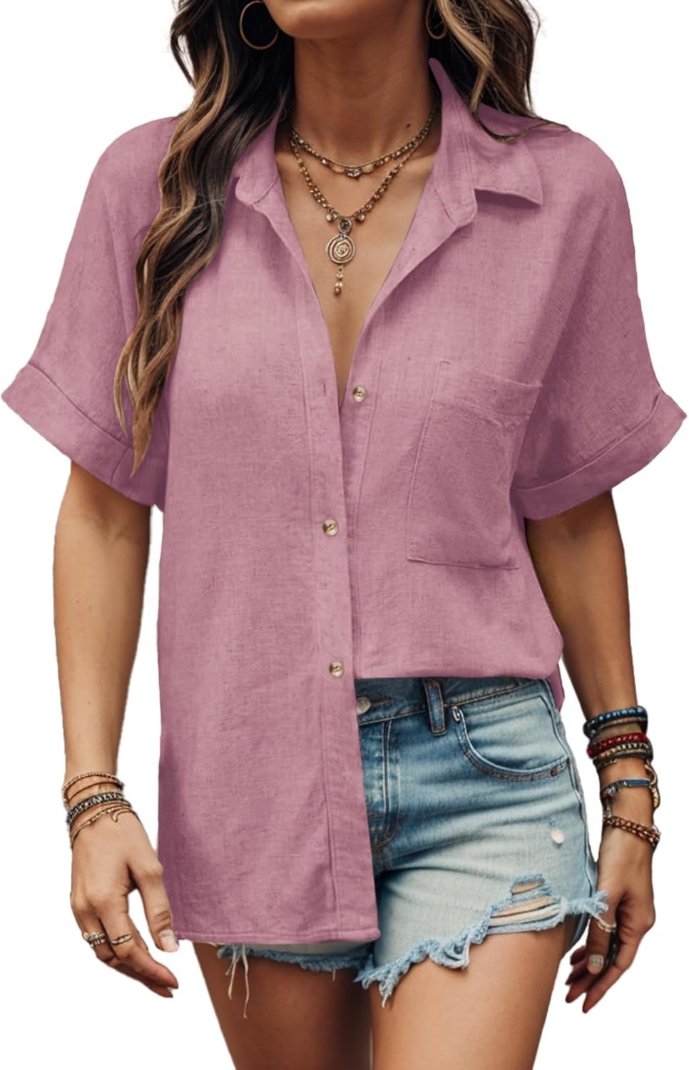HOTOUCH Linen Shirts for Women Button Down Short Sleeve Tops Cotton Blouses Collared Button-up Beach Vacation Outfits - Image 4