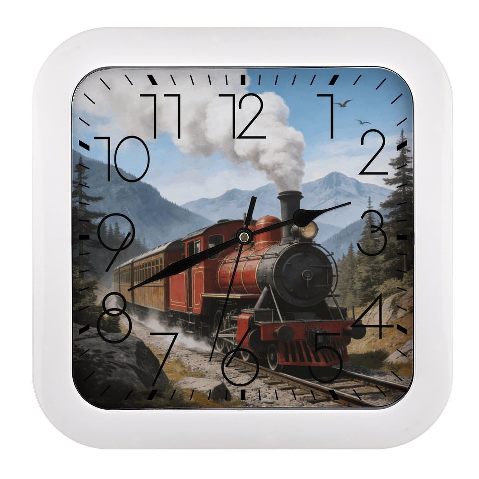Fodpand Style Train Wall Clock,Battery Operated Modern Retro Rounded Square Clock Clock For Bedroom Living Room Office Home Gym Porch Decor Indoor Outdoor 10.2 * 10.2In