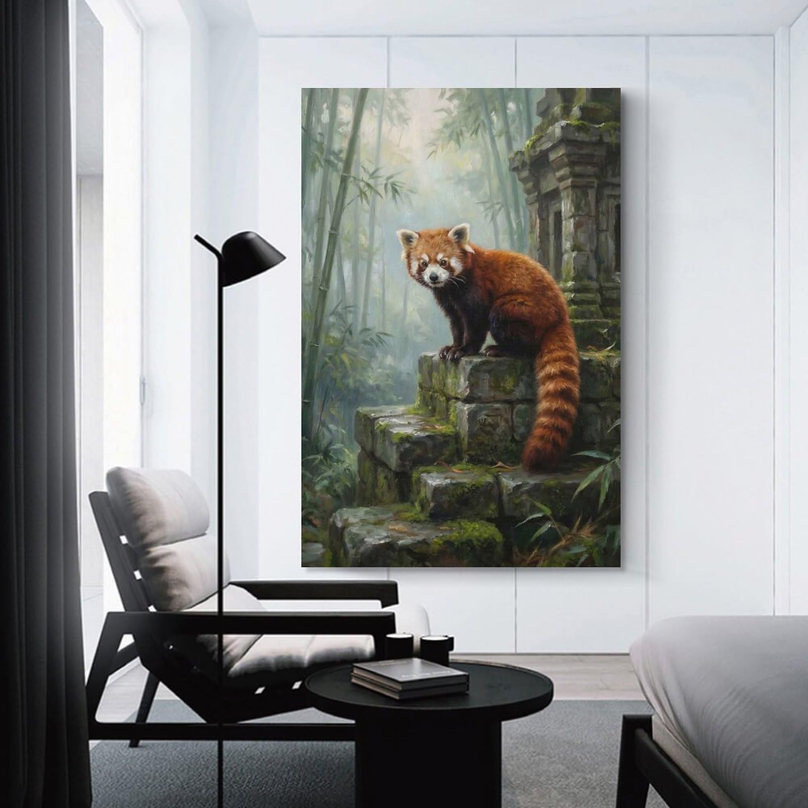 Junmoney Red Panda on Ancient Stone Structure Canvas Wall Picture 24x36inch(60x90cm), for Entryway, Lounge Links Or Small Walls, Decorative Canvas Styling for Entry Areas