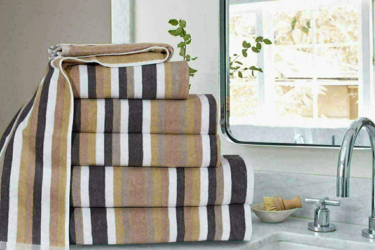 Victorian Royal Striped Cotton Towel Sets, Bath Towel, Hand Towel and Bath Sheet Sets, Bale Sets (Mocha-Charcoal, Bale of 12)