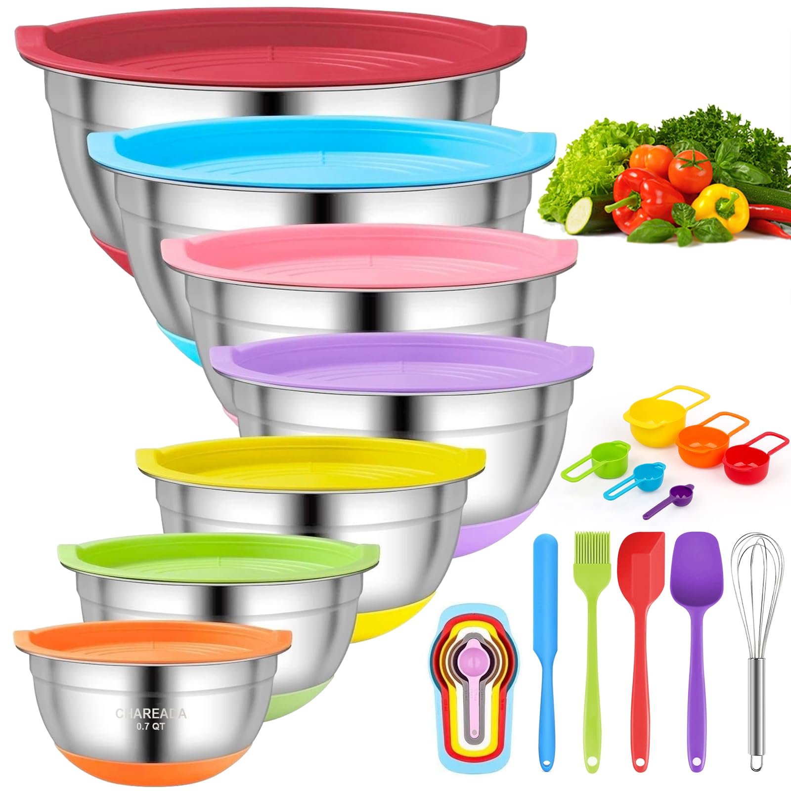 CHAREADA Mixing Bowls with Airtight Lids, 18pcs Stainless Steel Nesting Mixing Bowls Set Non-slip Silicone Bottom, Size 4.5, 3.6, 2.7, 2.1, 1.7, 1.1, 0.7 qt, Fit for Mixing & Serving(Colorful)