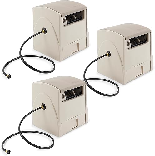 Suncast Paquete de 3 carretes de manguera de jardín de rebobinado automático, 100 pies 5/8 pulgadas, soporte de manguera de vinilo, color gris pardo