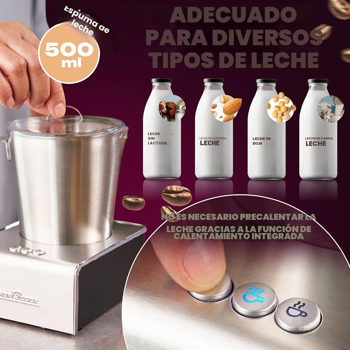 ProfiCook® Espumador de leche con función frío y calor | Espumador de leche eléctrico con 6 funciones | aprox. 500 ml de espuma | carcasa de acero inoxidable | PC-MS 1032