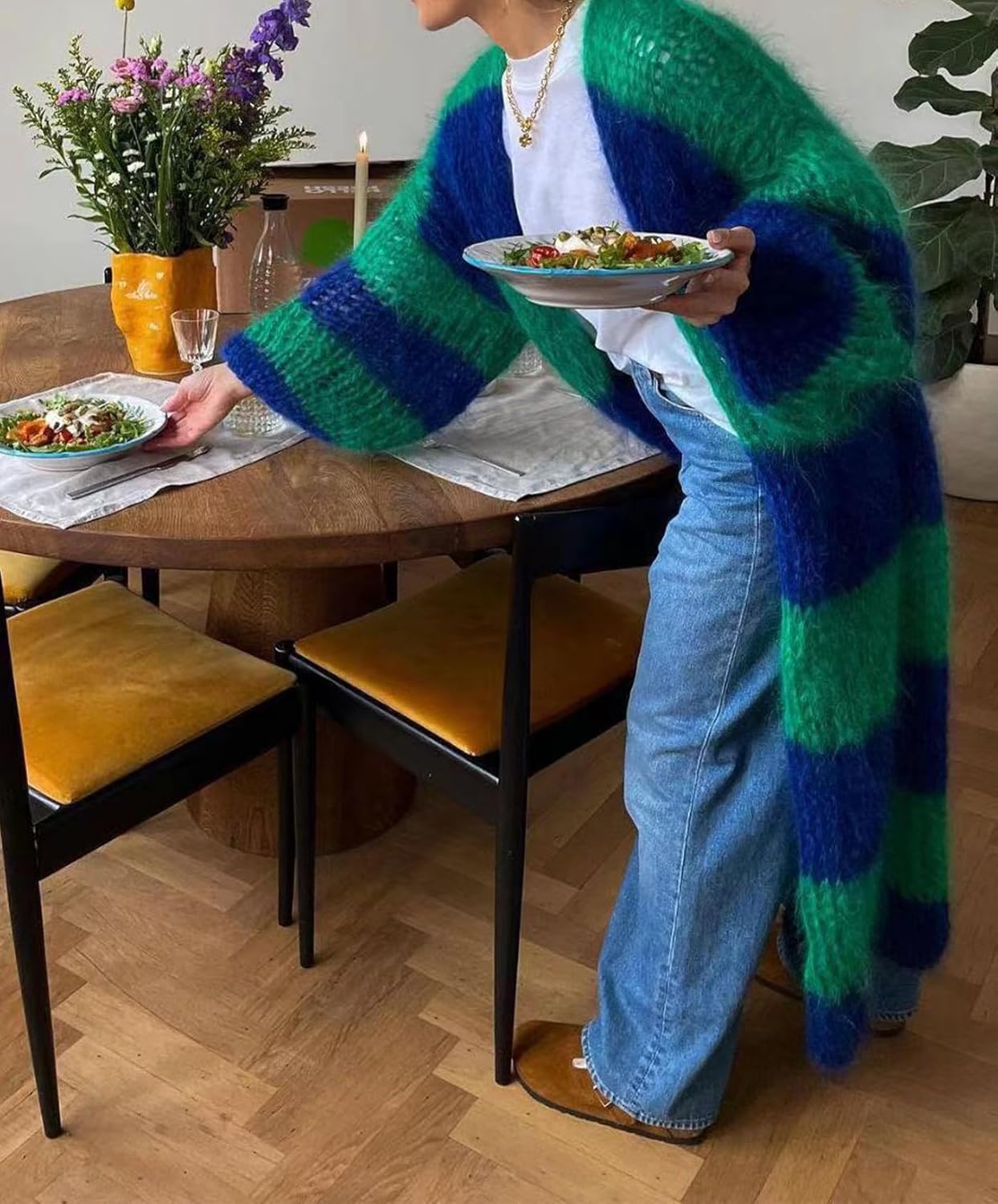 Womens Color Block Striped Cardigan Sweaters Loose Knitted Long Open Front Cardigans - Image 2