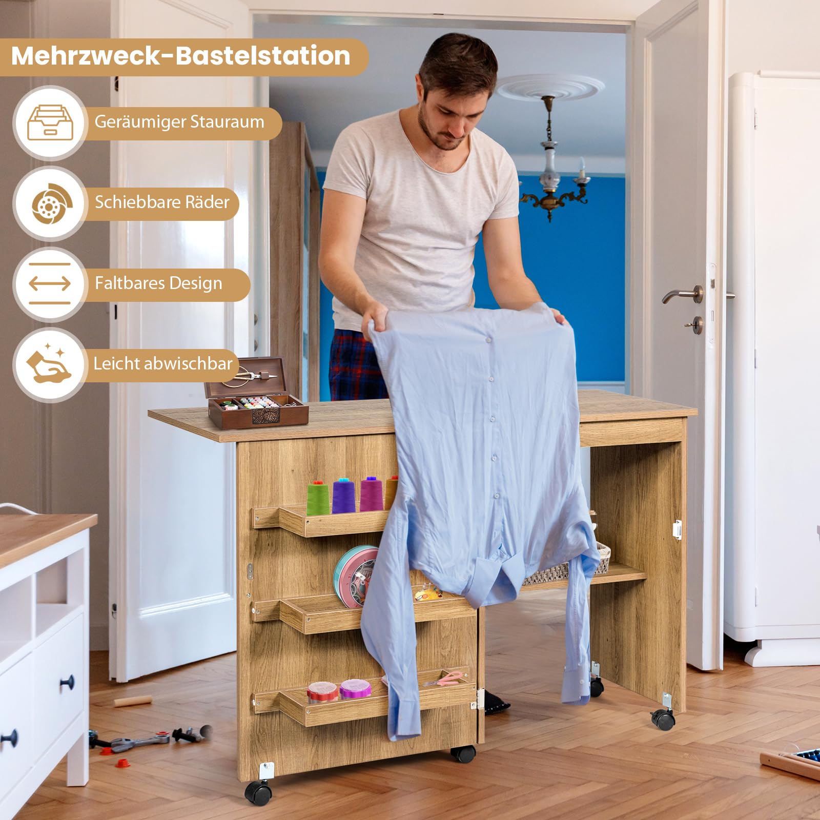 RELAX4LIFE Faltbarer Nähtisch auf Rollen, Nähmaschinenschrank aus Holz, Nähschrank, Mehrzwecktisch, ideal für Wohnzimmer, Schlafzimmer und Arbeitszimmer (Holzfarbe)