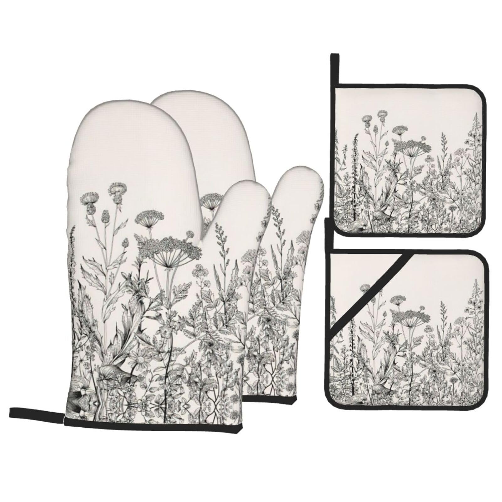 Floral Herbs Botanical Engraving Print Oven Microwaving Waterproof Kitchen Gloves for Baking Grilling Holiday Cooking