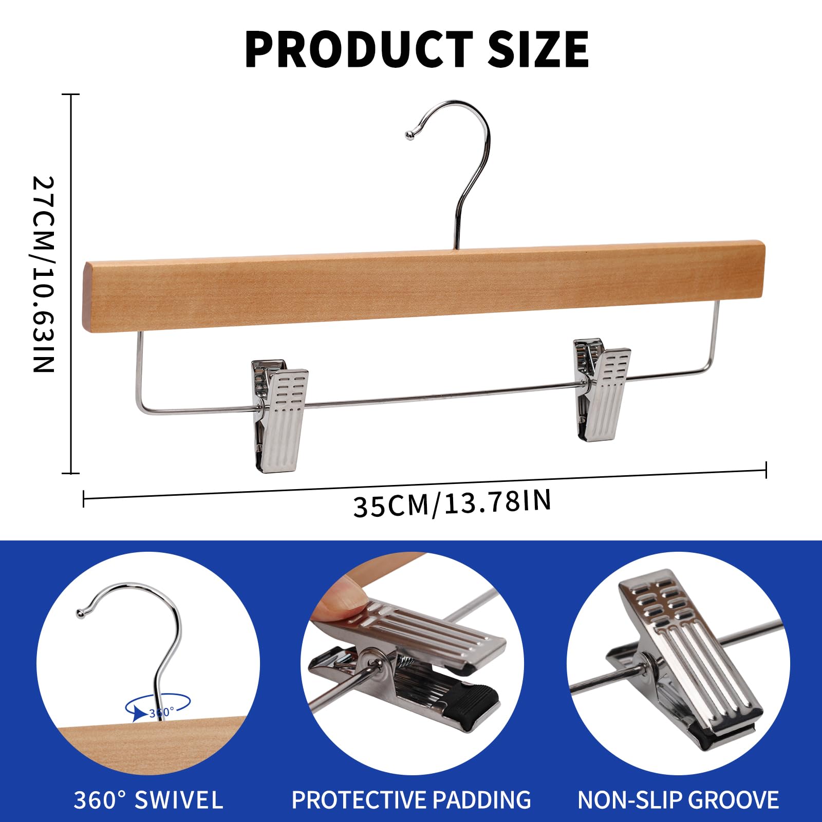 Grucce per pantaloni in legno naturale da 35,5 cm, con clip antiscivolo regolabili, confezione da 20 grucce salvaspazio in legno per gonne, pantaloni e pantaloni, gancio girevole a 360°