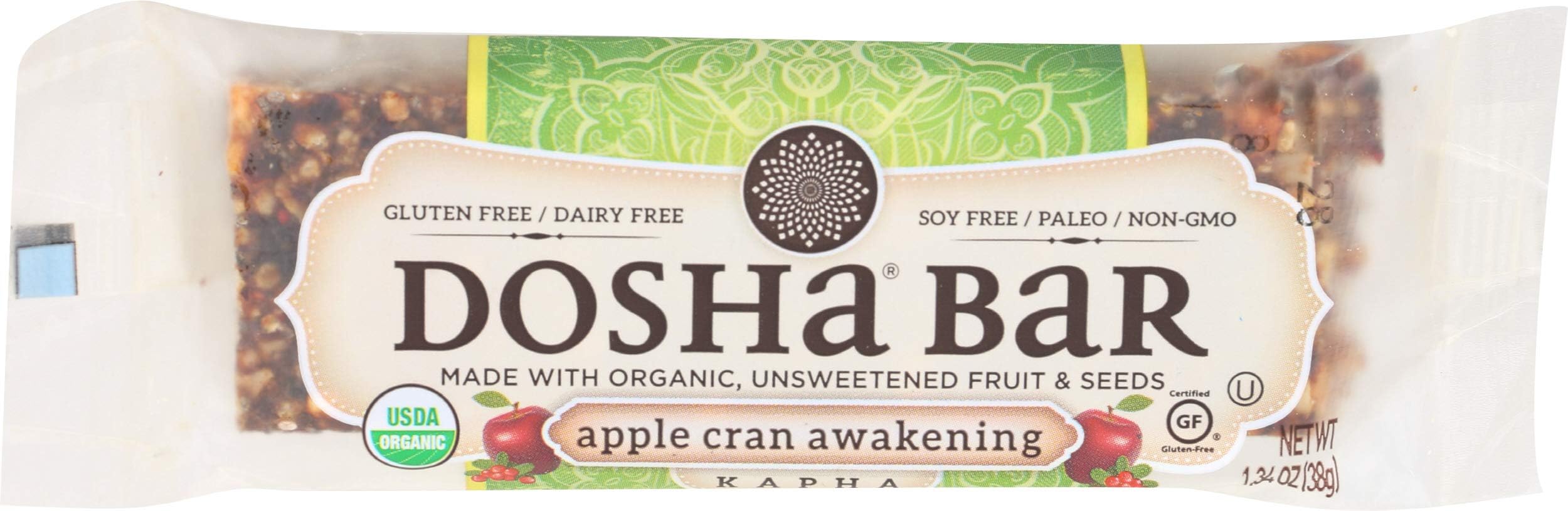 Dosha Bar Unsweetened Fruit & Seed Bars, Apple Cran Awakening, 150 Unrefined Calories, Organic Gluten Free Dairy Free Soy Free Vegan Kosher, Inspired by Ayurveda, 1.34 Ounce Bars, 12 count