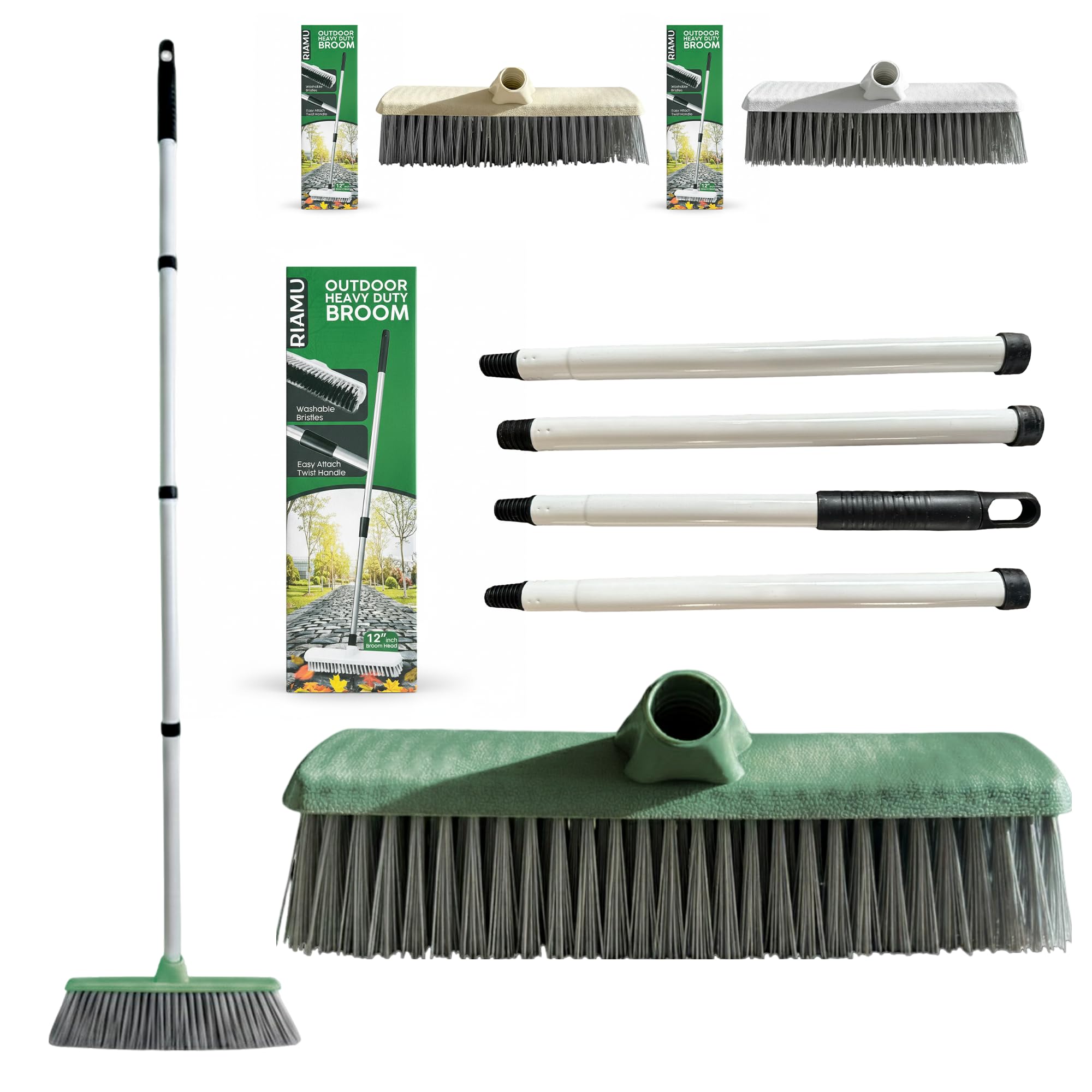 Garden Broom Outdoor Heavy Duty 12" with Stainless Steel Handle 2-in-1 Yard Brush Stiff Hard Bristle Sweeping Brush for Patio Driveway Paths Decking Strong Handle Broom for Leaves & garden Cleaning