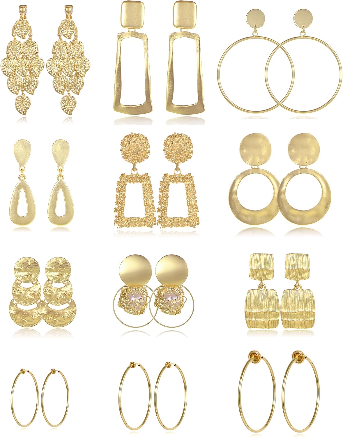 12 Pares Aretes con Clip para Mujeres Geométricos Redondos Twist Chunky sin Piercing Dorado Plateado