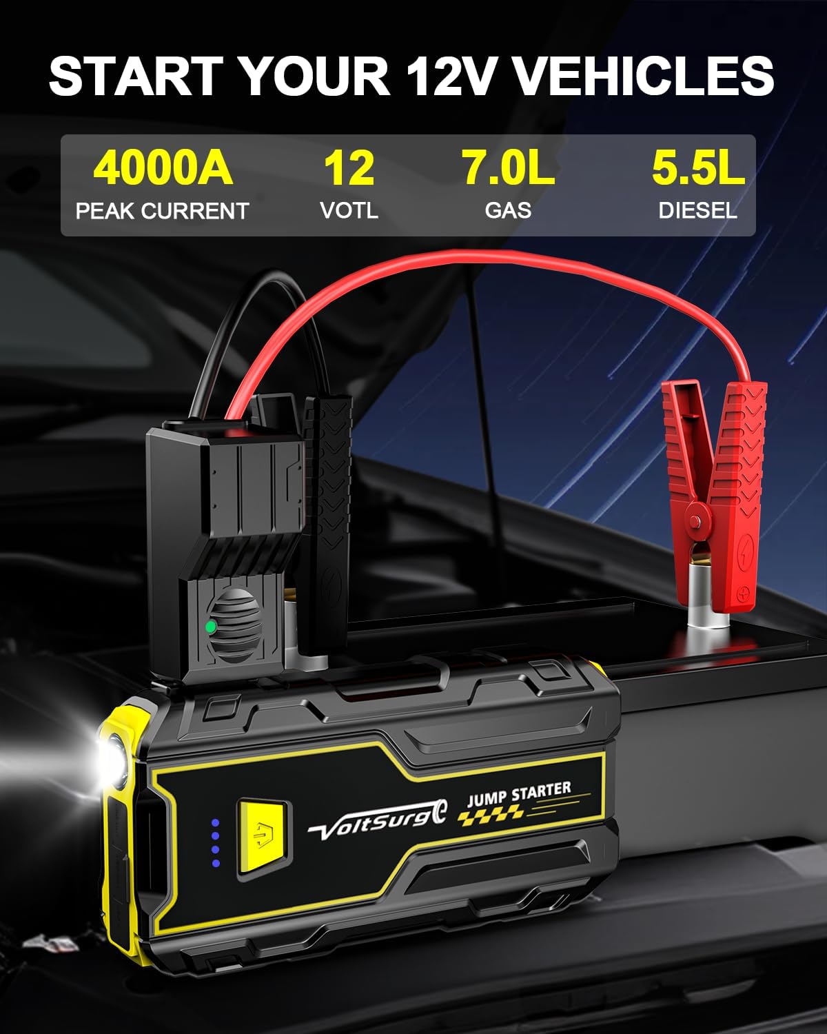 Car Jumper Starter 4000A Battery Jump Starter Portable (Engine Up to 7.0L Gas / 5.5L Diesel) 12V, Car Battery Charger, LED Flashlight with USB Port (D01S, 4000A)