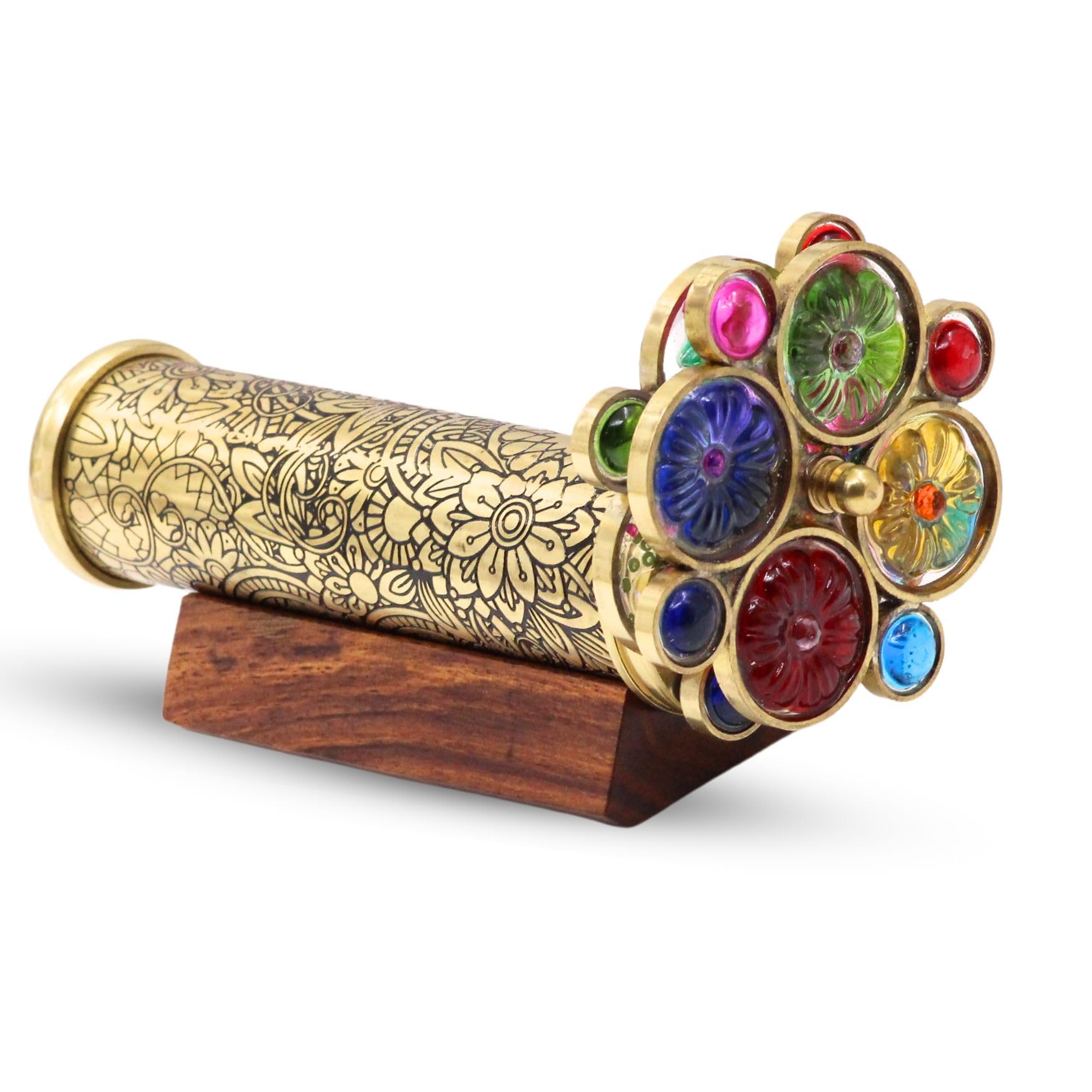 RII Handcrafted Etched Floral Pattern Lacquered Brass Kaleidoscope Includes Two Separate Turning Wheels-A Perfect Addition to any Collection. (7