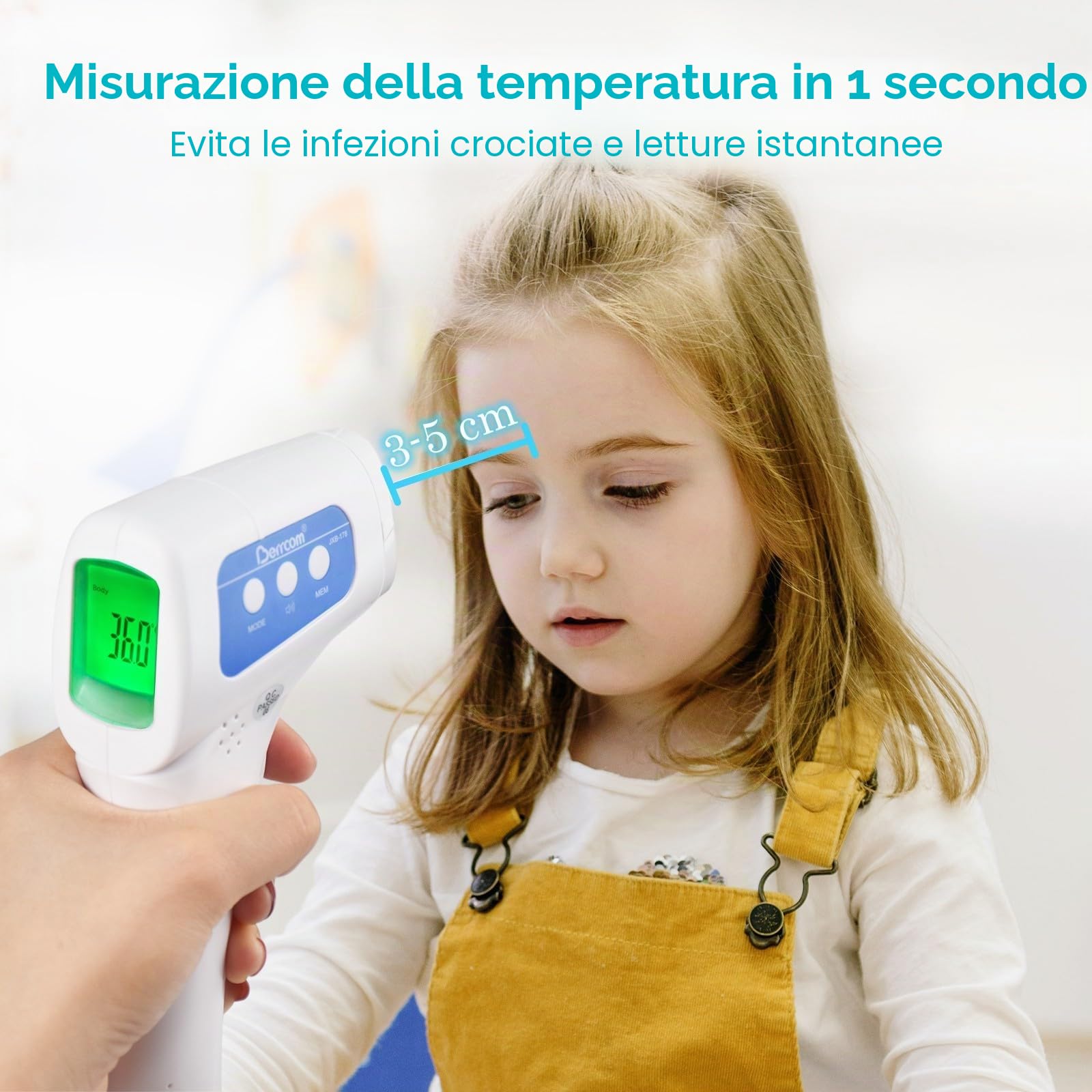 Berrcom Termometro Febbre Termometro Neonato Termometro Frontale a Infrarossi Senza Contatto Termometro Digitale per la Fronte con Allarme Febbre, Interruttore °C/℉