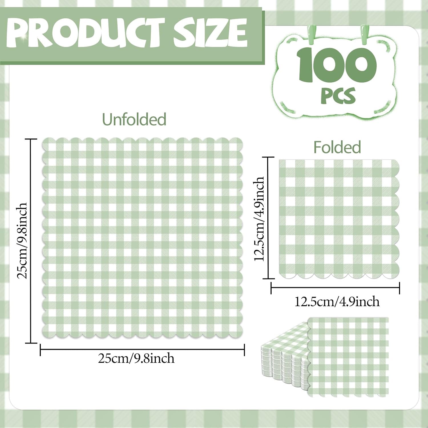 100Pcs Sage Green Plaid Napkins Green White Paper Napkin Checkered Party Supplies Scalloped Disposable 5 x 5inches Dinner Guest Napkins for Baby Shower Birthday Barbecue Wedding Spring Party Favor image 2