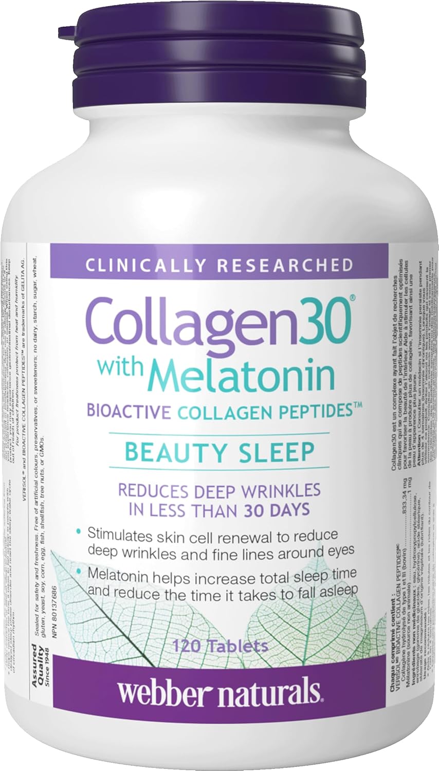Webber Naturals Collagen30 with Melatonin, 2,500mg of Bioactive Collagen Peptides and 3 mg of Melatonin Per Serving, 120 Tablets, Helps Reduce Deep Wrinkles & Fine Lines, Sleep Support Webber Naturals Collagen30 with Melatonin, 2,500mg of Bioactive Collagen Peptides and 3 mg of Melatonin Per Serving, 120 Tablets, Helps Reduce Deep Wrinkles & Fine Lines, Sleep Support