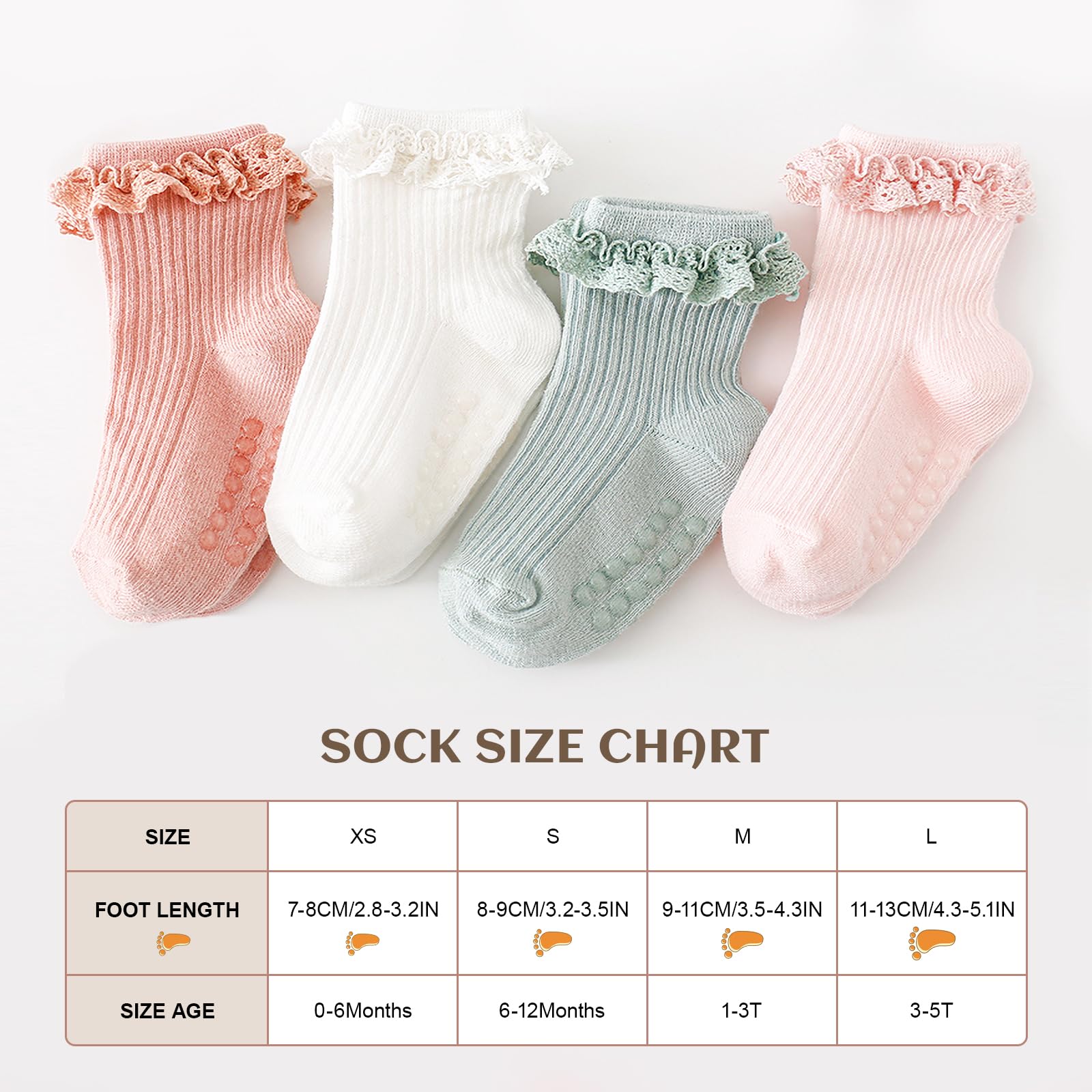 AQOKKA Calcetines para bebé niña con agarre antideslizante, bonitos volantes al tobillo, de algodón suave, calcetines para recién nacidos