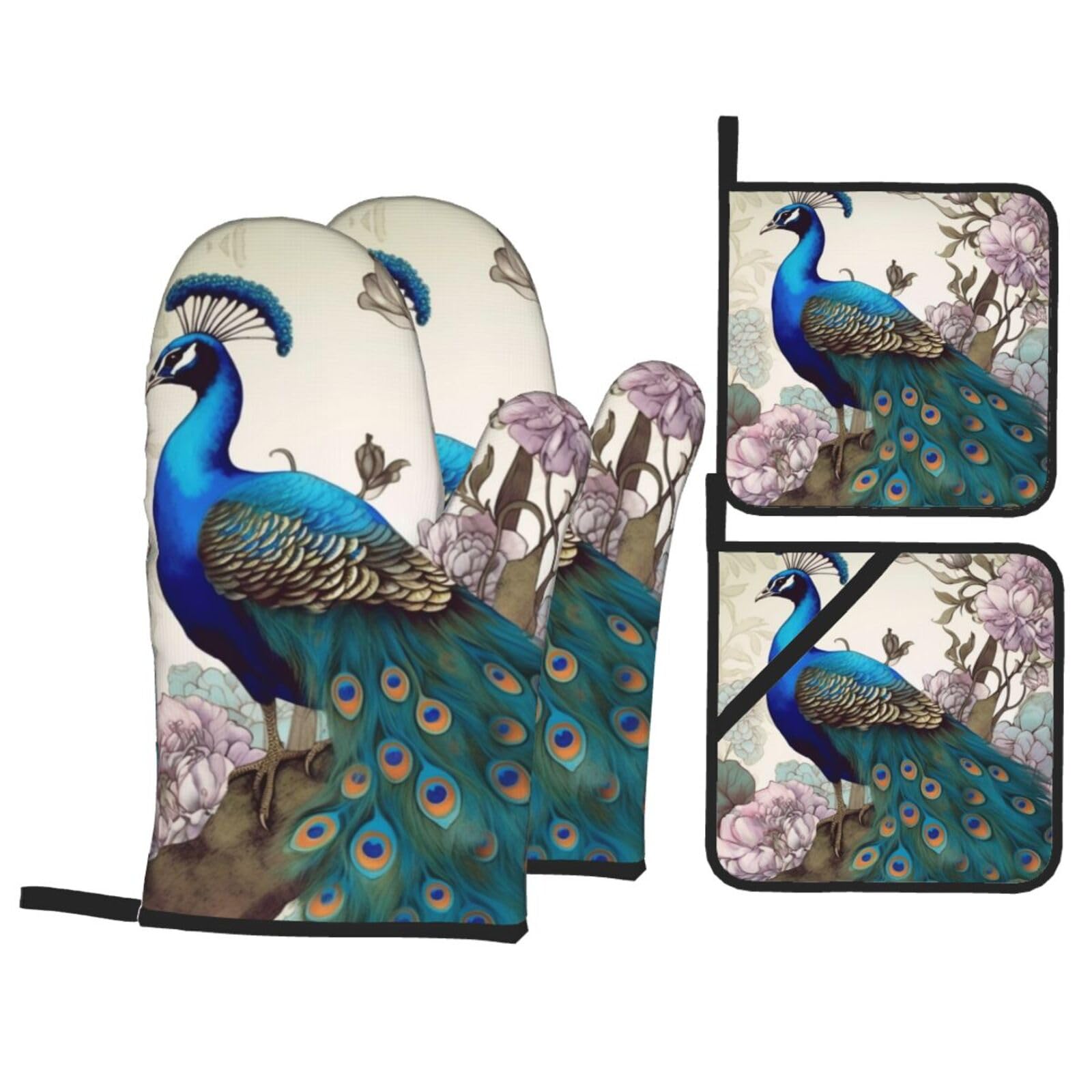 Peacock Floral Oven Mitts and Pot Holders Sets of 4 High Heat Resistant Kitchen Oven Gloves and Hot Pads Non-Slip Oven Gloves Potholders for Baking Cooking BBQ