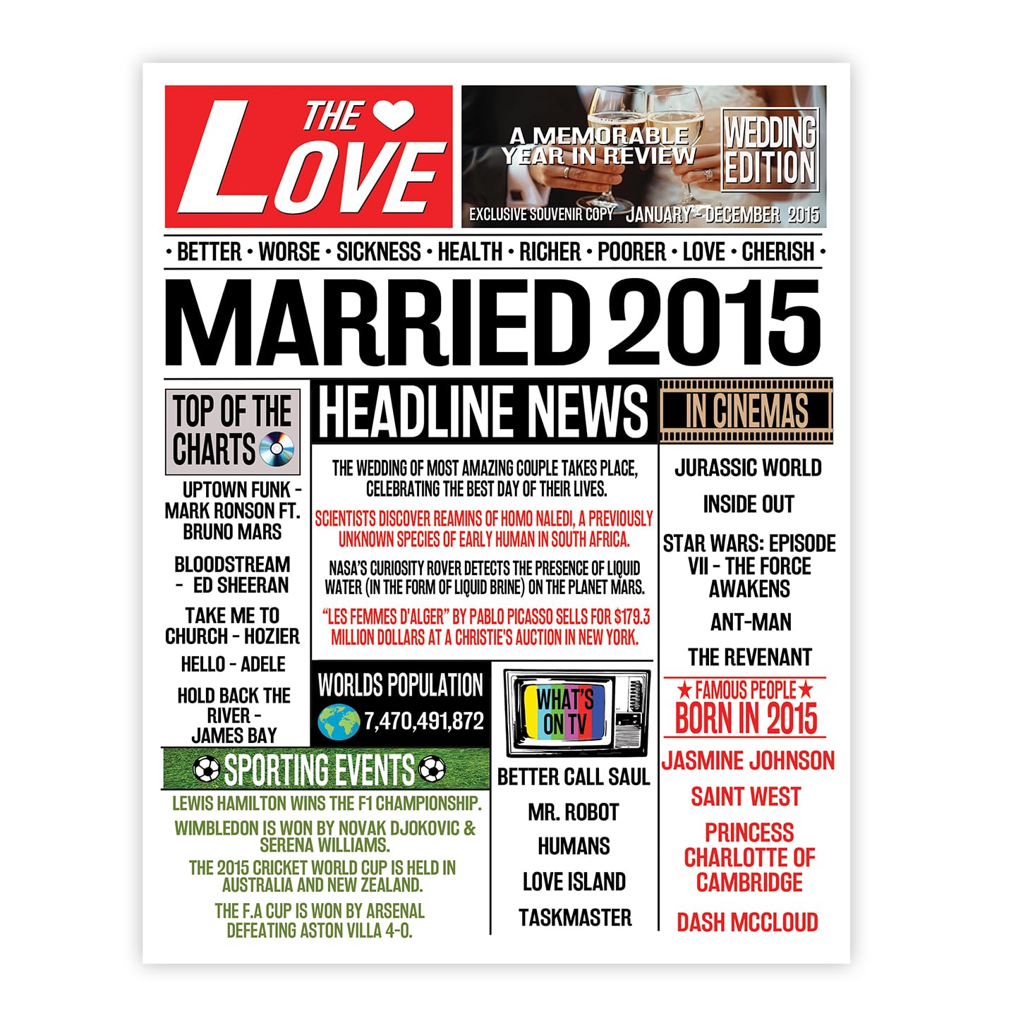 Stuff4 Men's 2015 11Th Anniversary Poster Unframed - Married In Newspaper - Happy 11Th Wedding Anniversary For Wo Vintage Retro Back In 8X10 Inch Anniversaries Posters