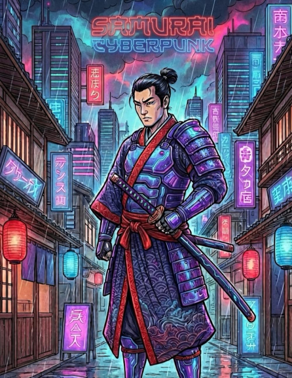 Ukiyo-e Samurai Cyberpunk Coloring Book for Adults: Traditional Japanese Art for Stress Relief and Relaxation: Japanese Art / Woodblock Print / Stress Relief / Mindfulness / Samurai Cyberpunk