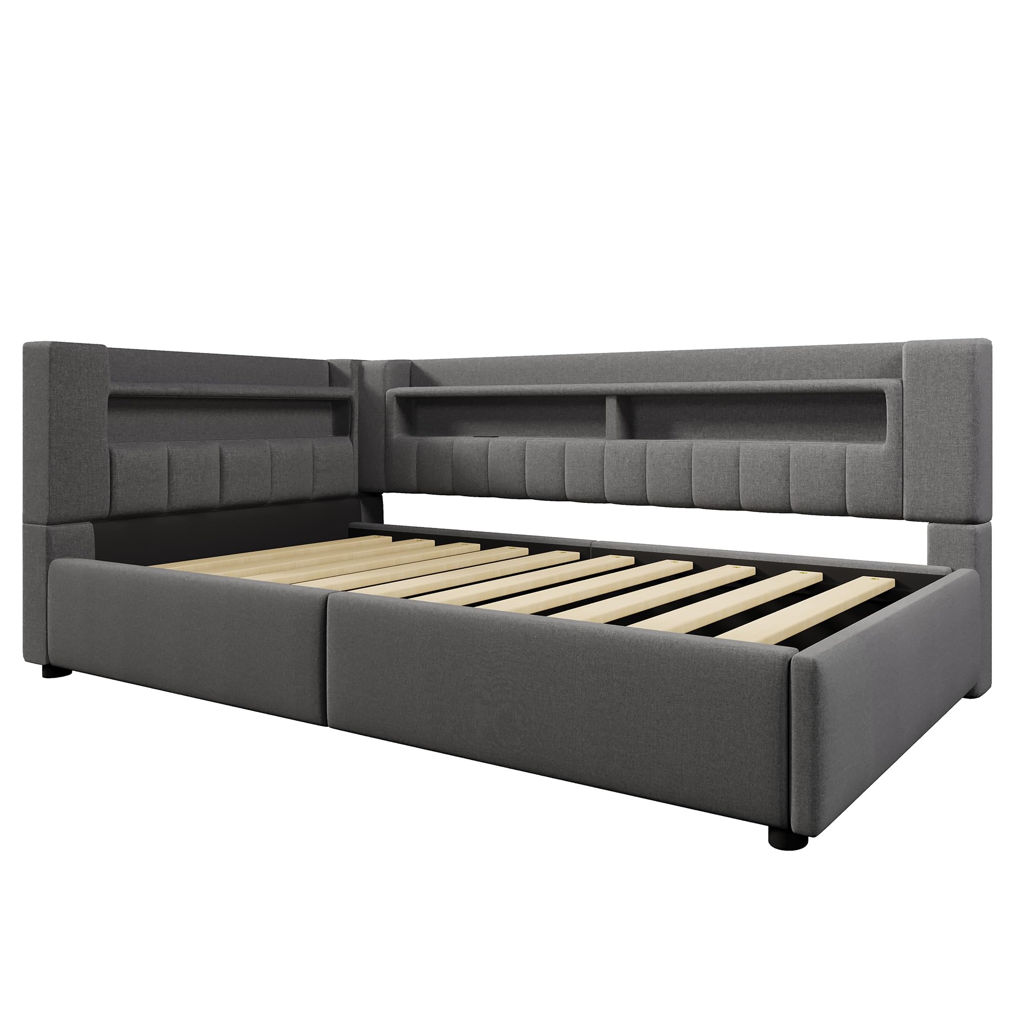 Daybett, 90 x 200 cm,Hydraulische Lagerungt, Mit USB Typ-C Ladefunktion, LED-Beleuchtung, Sofabett, Einzelbett, Ohne Matratze, Leinen, minimalistischer Stil,Grau