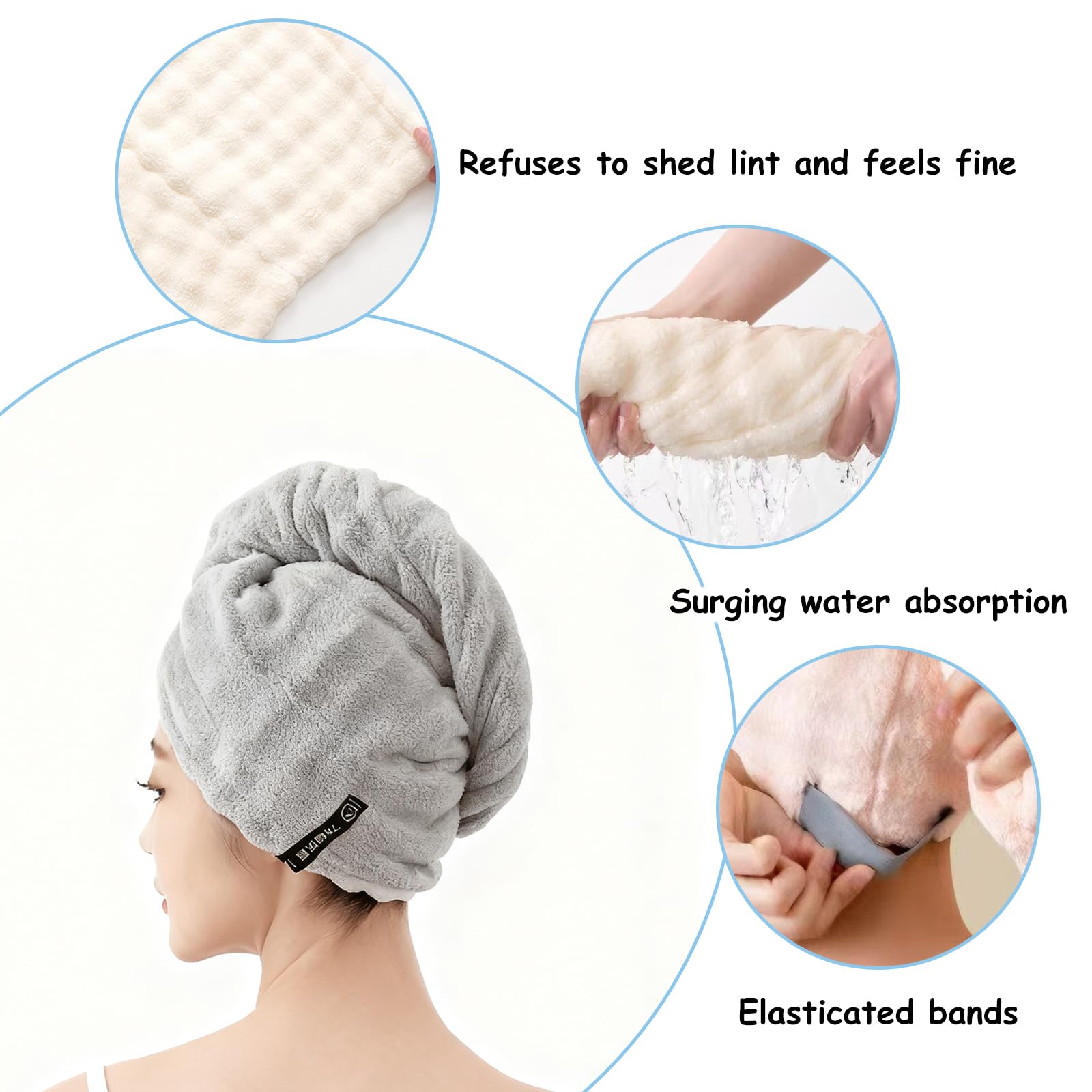 3 Stück Handtuch Haarturban, Superweiches und Saugfähiges Haarturban mit Elastischem Band für Frauen, Kinder, Langes Lockiges Haar