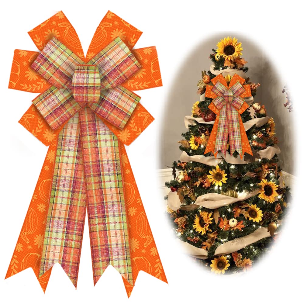 Large Fall Bow For Wreaths – Buffalo Plaid Pumpkin Bows, Thanksgiving & Halloween Door Decor