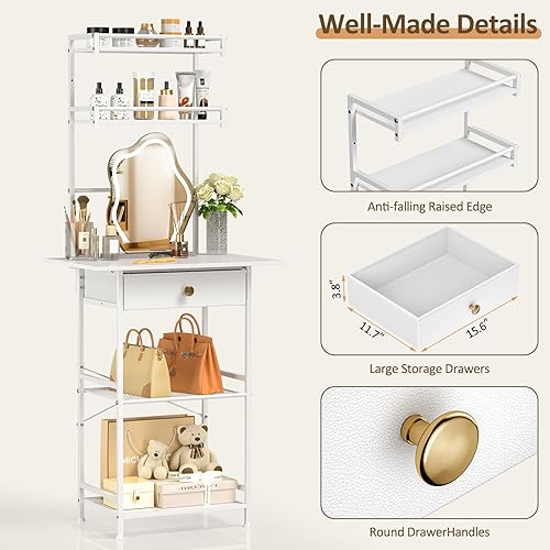 Miniatura 7 de Escritorio pequeño sin espejo, mesa de tocador de maquillaje para espacios pequeños, tocador blanco compacto con cajones de tela, tocador de