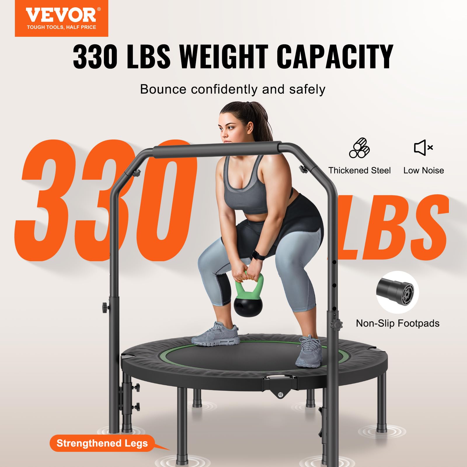 VEVOR Mini Trampoline Pliable, 1027 mm, Fitness rebounder, Charge Max. 150 kg, Stable et Silencieux avec poignée en Mousse réglable en Hauteur à 4 Niveaux, pour Exercice, entraînement, pour Adultes