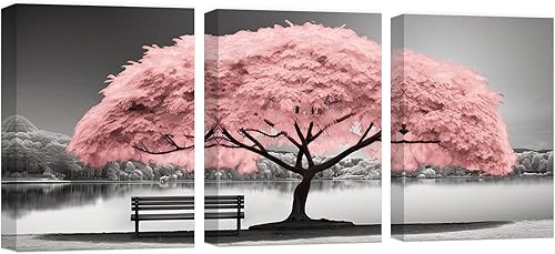 DOARTDO Juego de 3 piezas de arte para pared de árbol rosa, lienzo impreso en blanco y negro, paisaje, decoración de pared para dormitorio y hogar