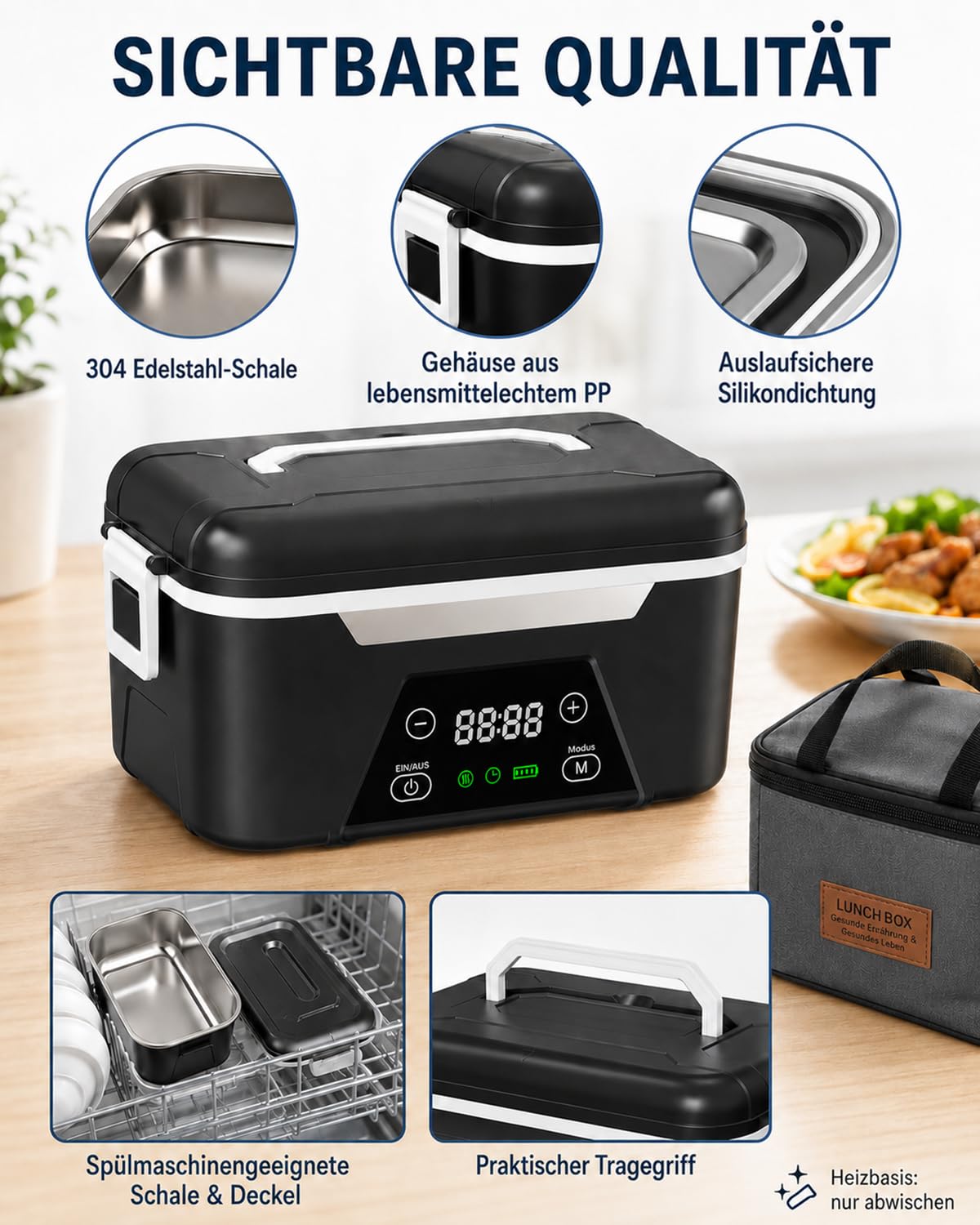 LANMOU Scaldavivande Elettrico Portatile, 1,5L Scaldavivande Batteria Ricaricabile USB, Batteria 18000 mAh, Timer, Acciaio Inox 304, Porta Pranzo Riscaldabile per Ufficio, Viaggio, Cantiere, Auto