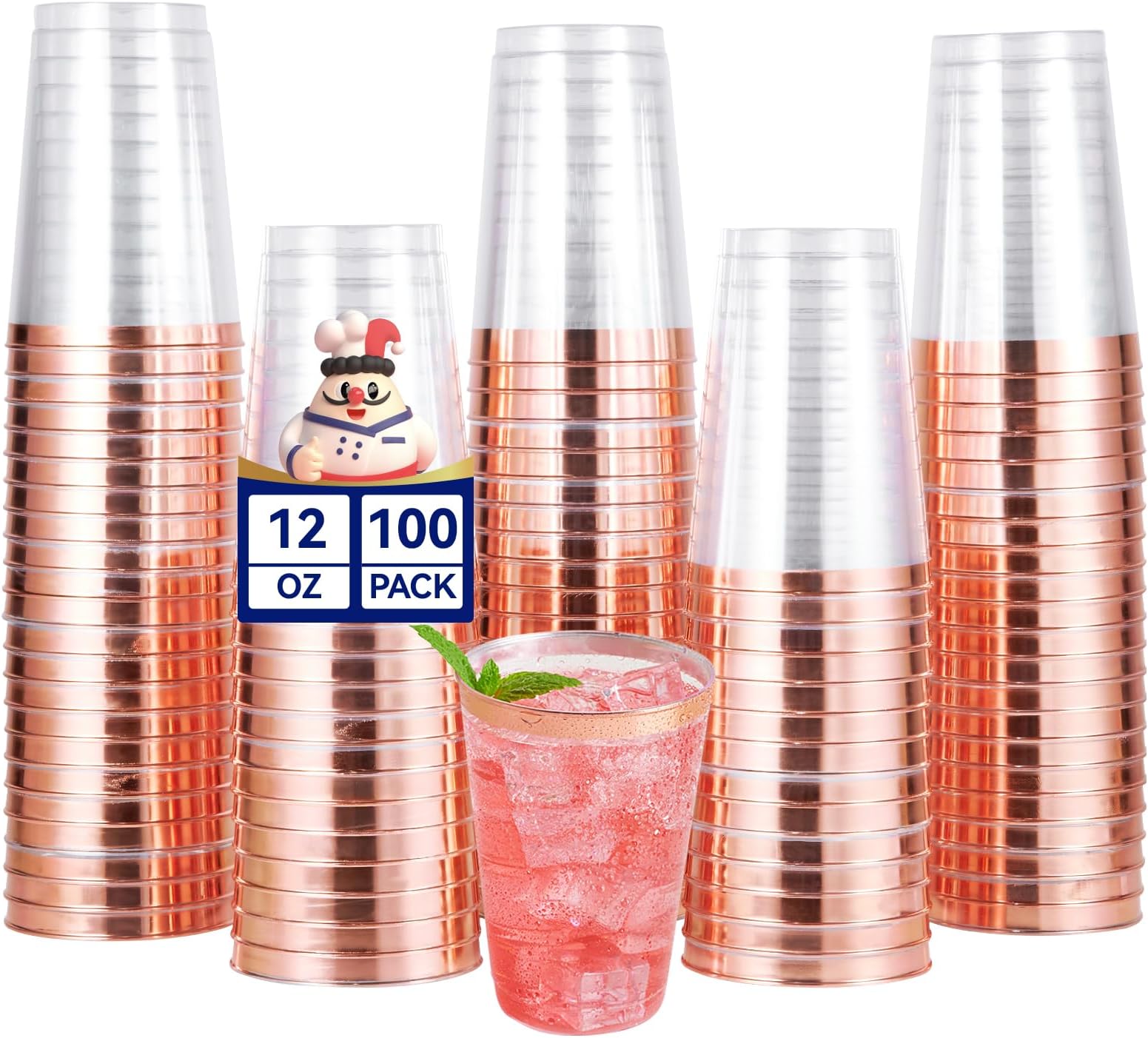 JOLLY CHEF 100 Pack Rose Gold Plastic Disposable Cups, 12 oz Clear Plastic Cups Tumblers, Elegant Rose Gold Rim Disposable Glasses Suitable for Party Wedding