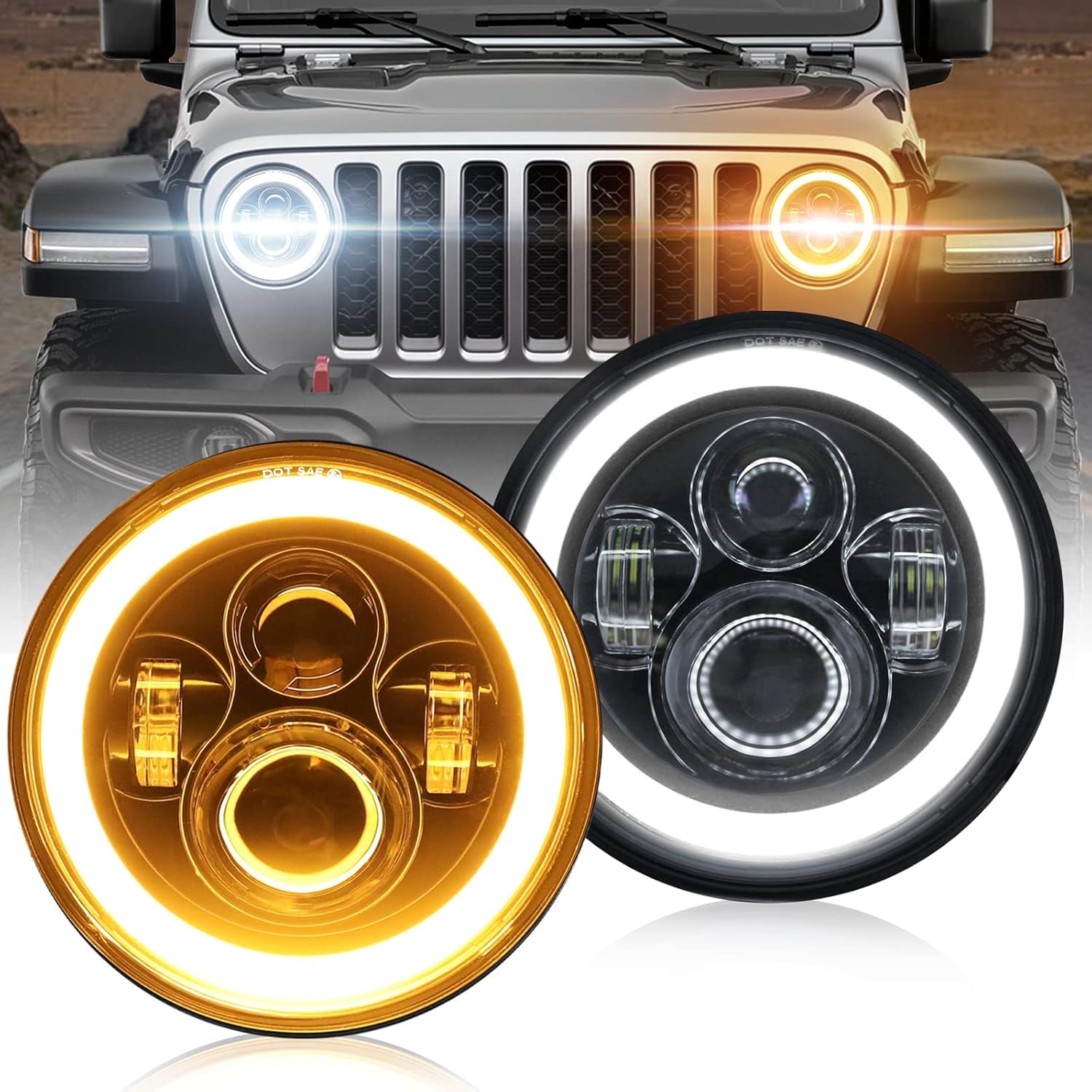 BraveWAY Phare Led 7 Pouces 80W 15000LM, 4 Modes Eclairages 4 Lentilles Angel Eyes, Dot Approuvé Hi Lo Beam Avec Drl Ambre Blanc, Câble H4-H13 Compatible Avec Wrangler Jk TJ LJ CJ Hummber H1 H2